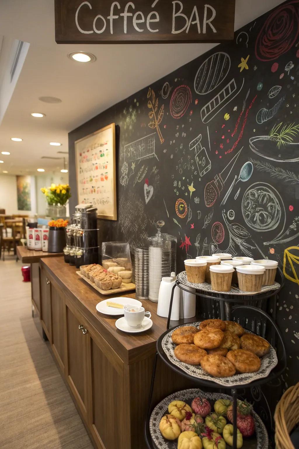 A chalkboard wall adds character and stimulates interaction in your coffee corner.