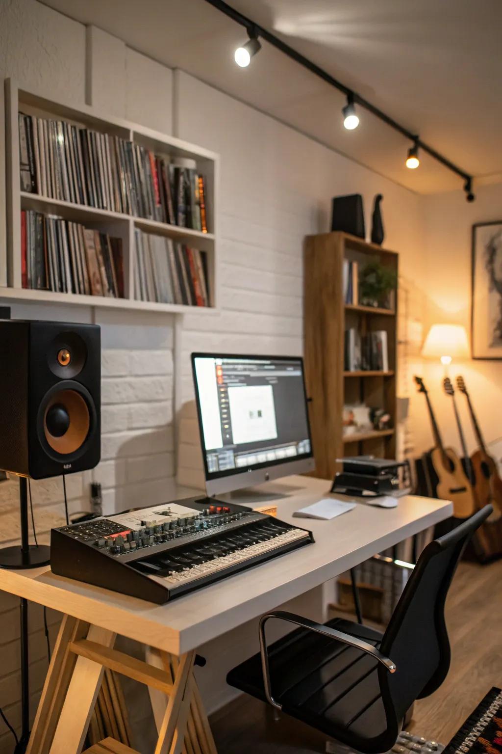 A multi-functional desk enables both work and music.