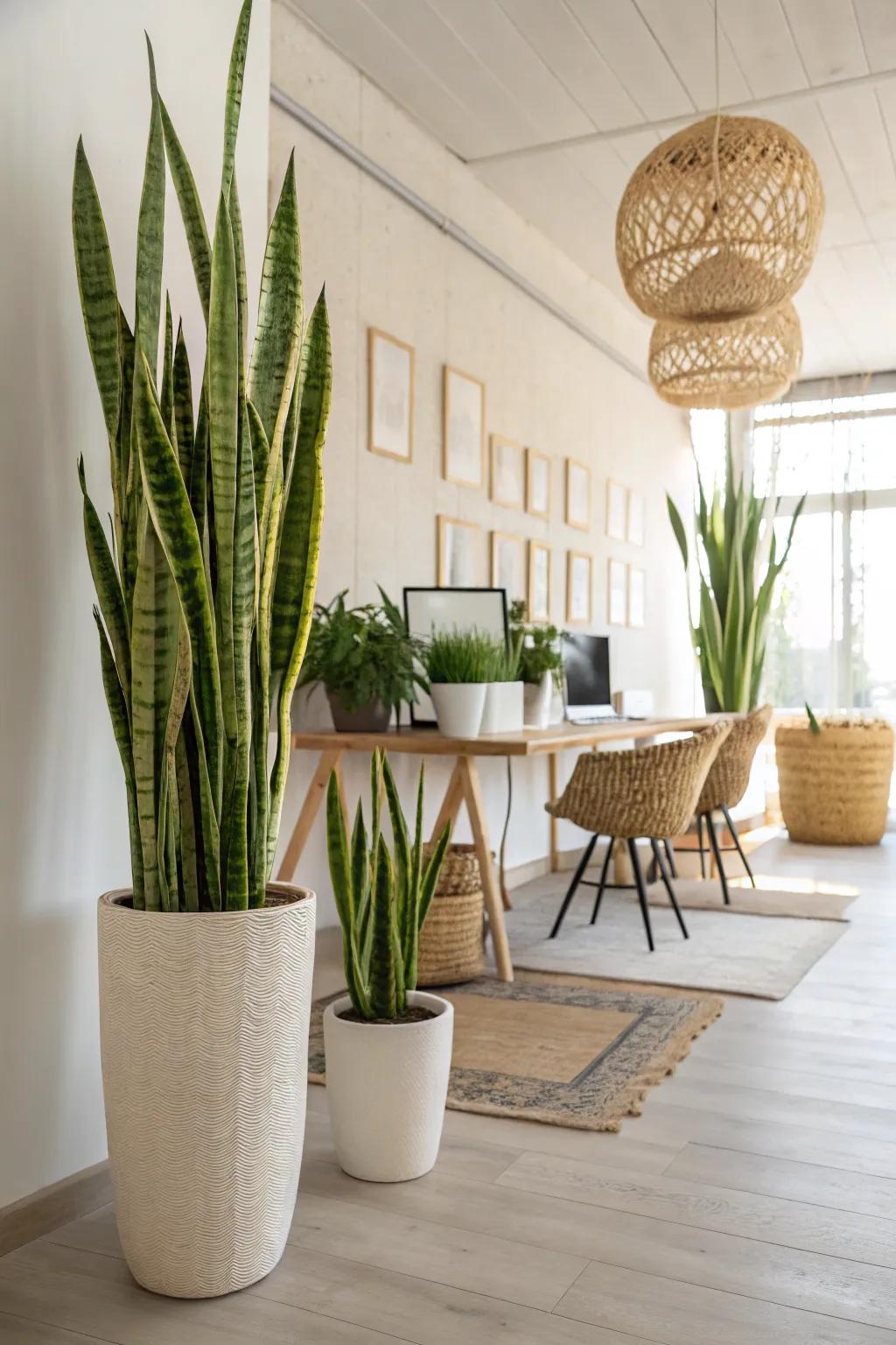 Utilize upright greens to naturally divide your office, introducing a hint of nature to your environment.