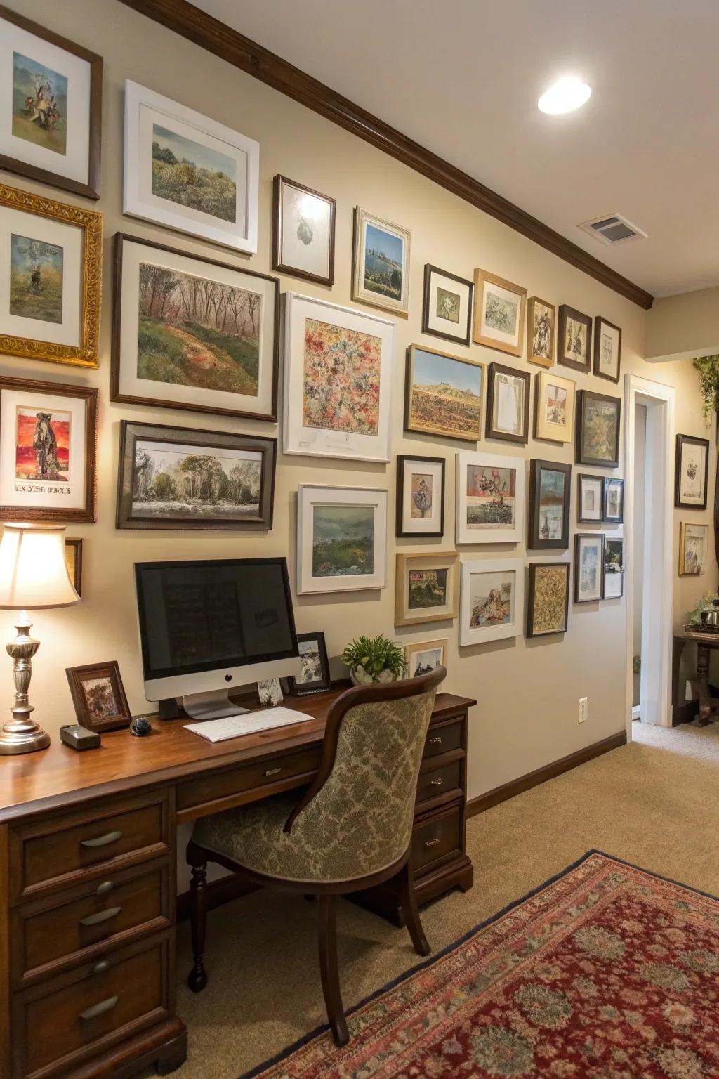 A wall overflowing with art transforms your virtual presence with personality and allure.