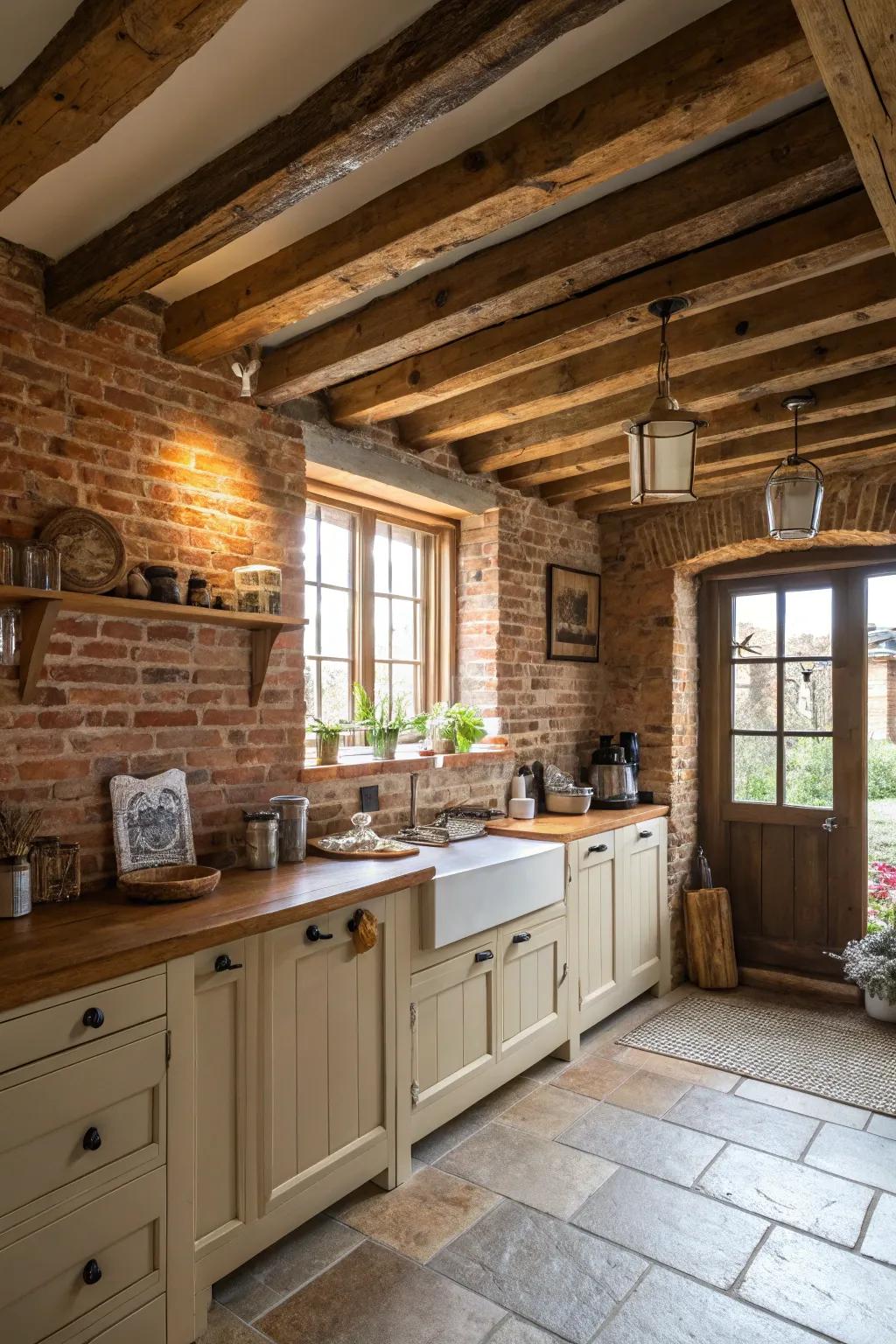 Exposed beams and brick walls deliver a warm and snug atmosphere.