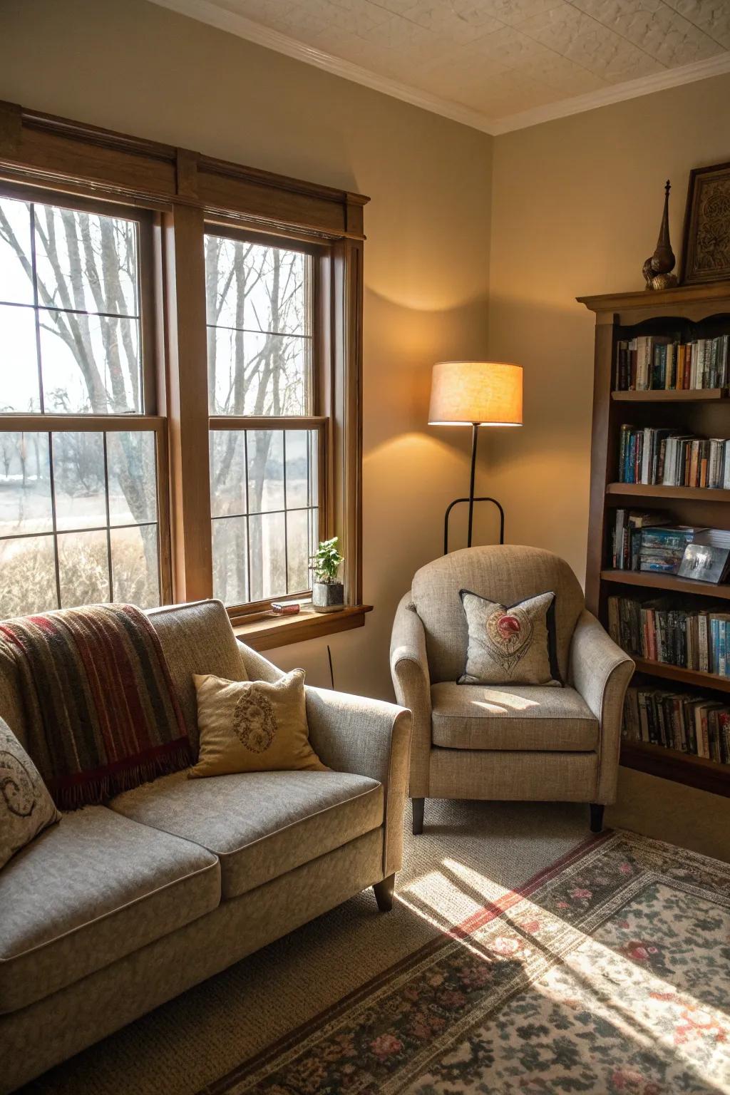 A comfortable reading nook with complementary seating flanking the couch.