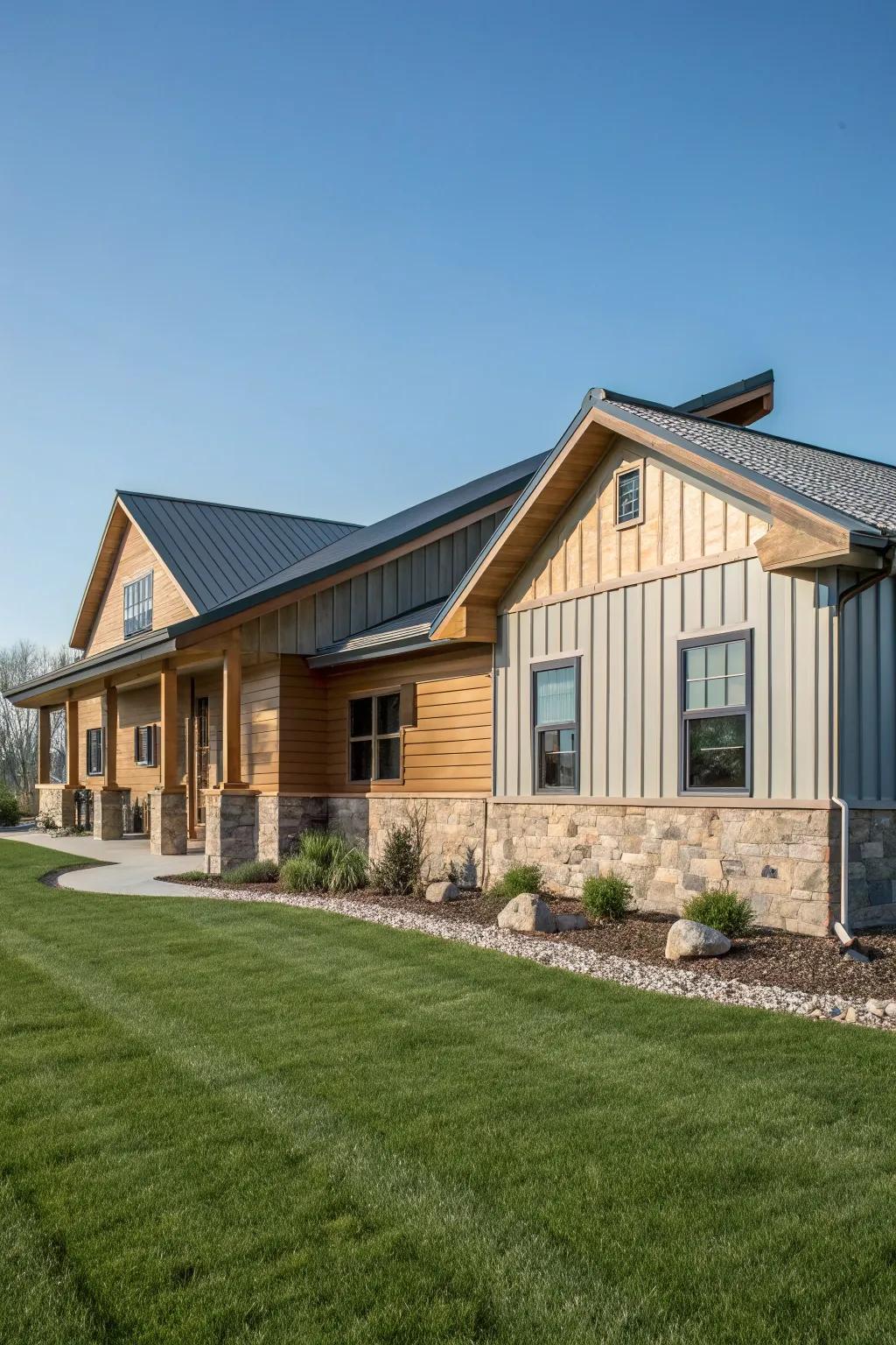 A blend of materials enriches the depth and distinctiveness of this ranch home.