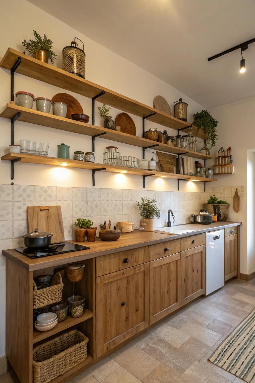 Exposed shelving in a one-wall food prep zone flaunting ornamental cookware.