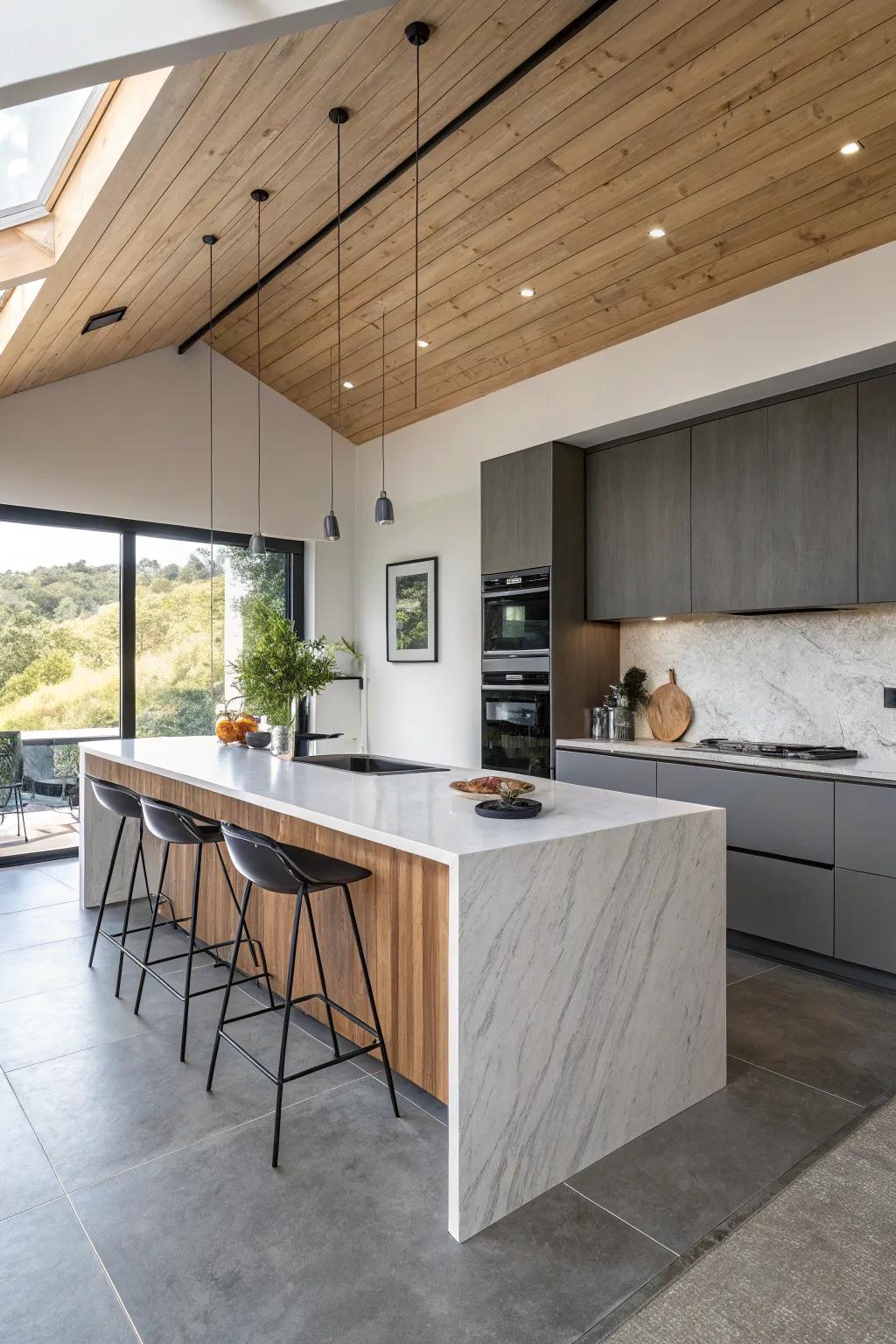 An angled island adds a unique dynamic to the traditional kitchen layout.