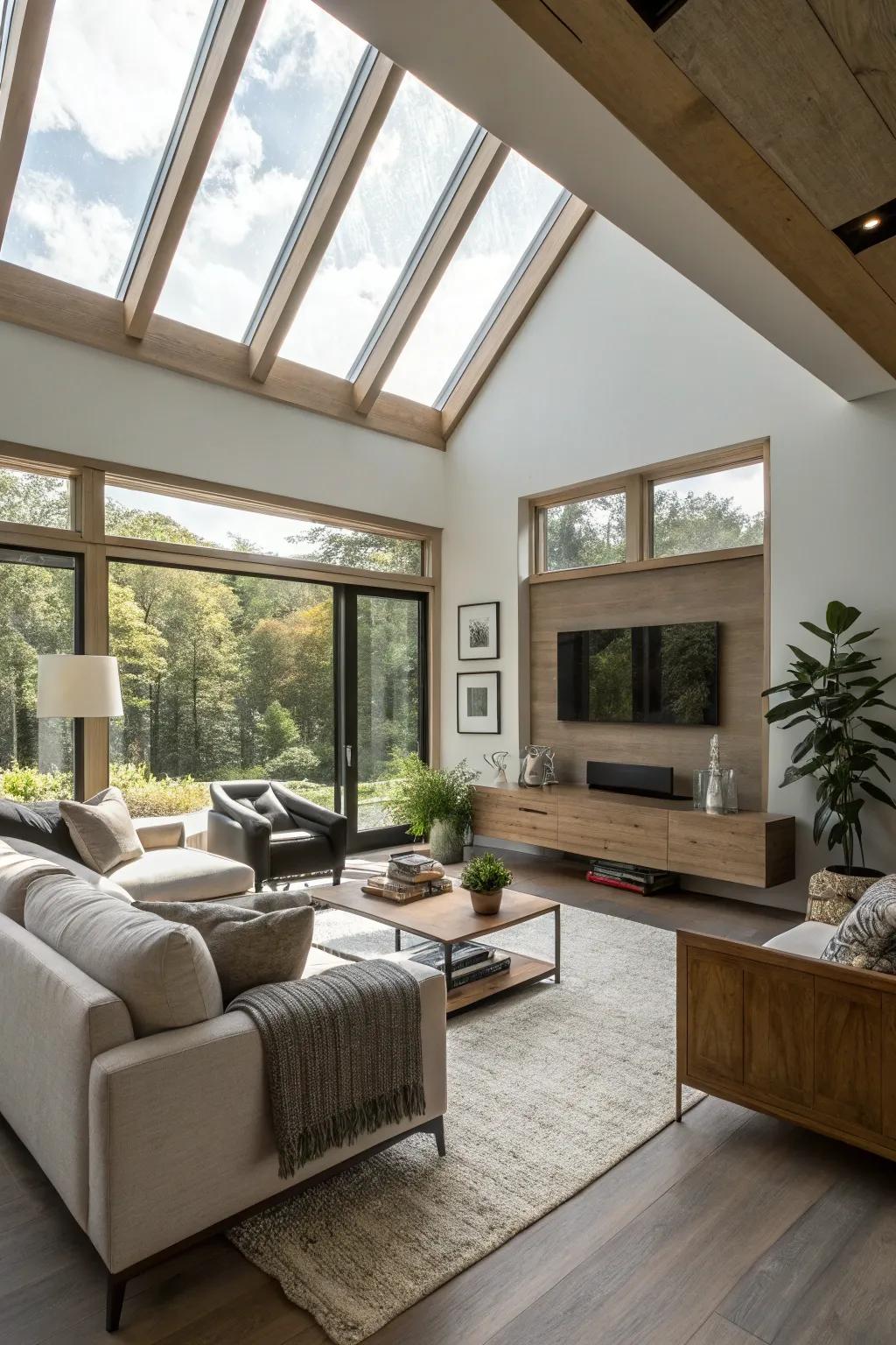 Natural light pours into a living room with an open ceiling and large windows.