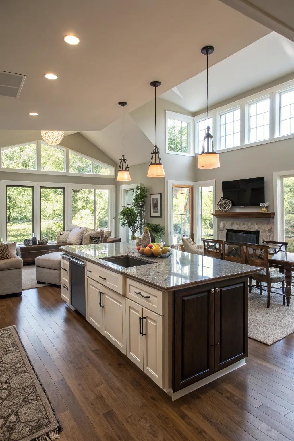 A versatile kitchen island serves as the pivotal element in an open concept layout.