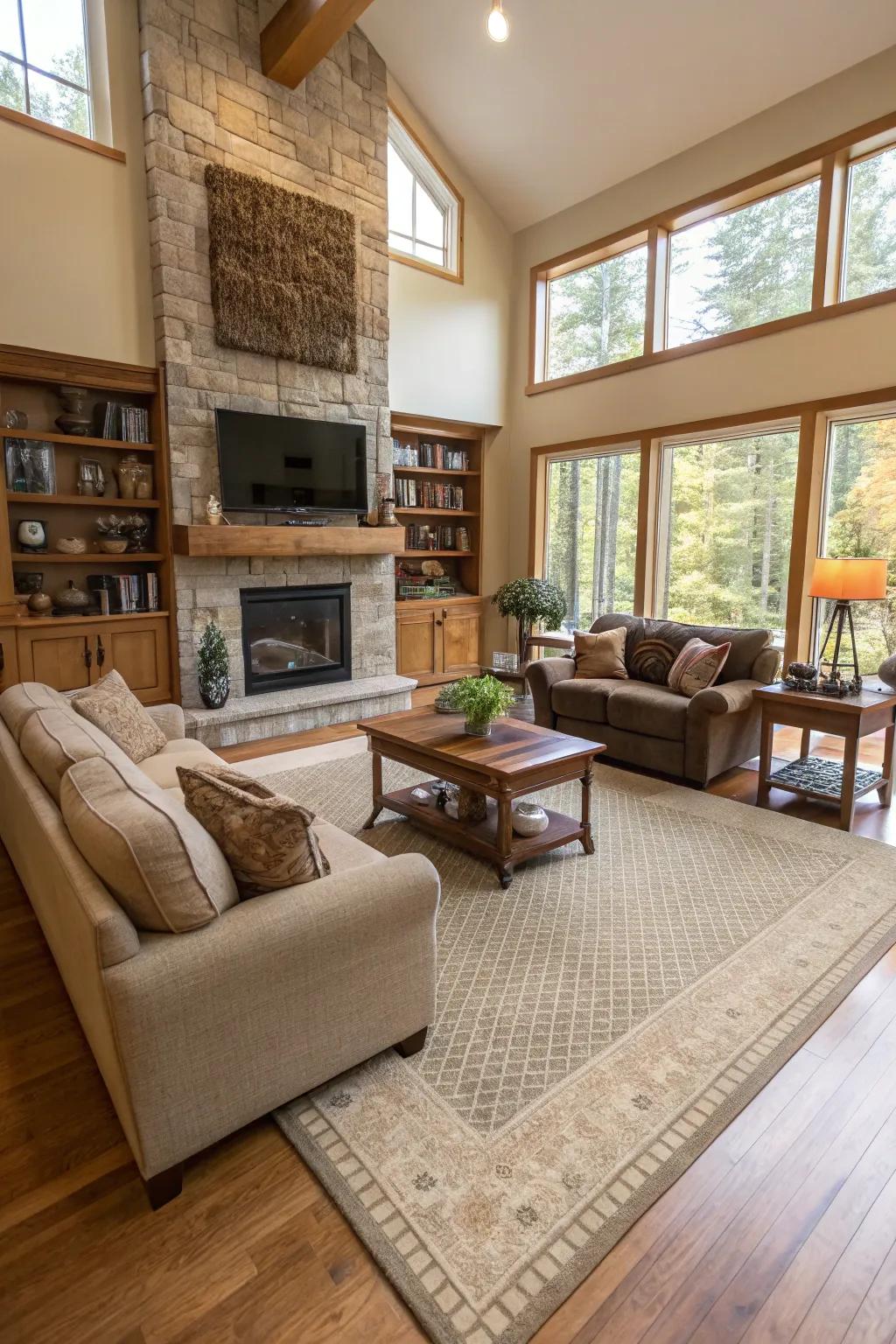 Rugs can create defined zones while maintaining an open feel.