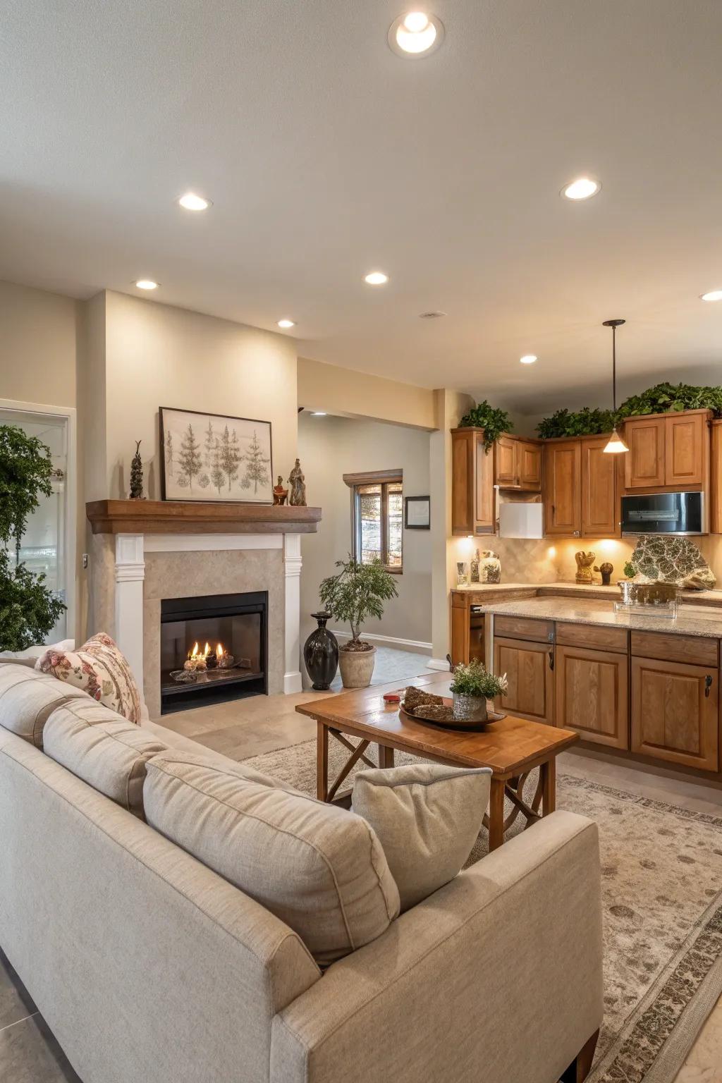 Neutral shades meet warm highlights in a balanced open area.