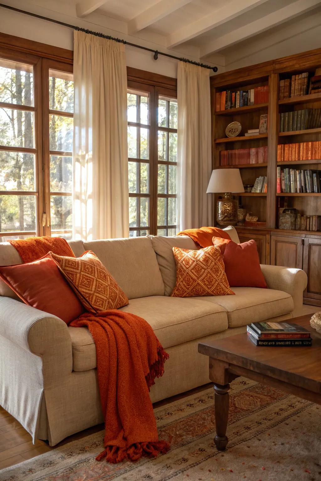 Orange cushions and throws deliver a burst of vibrancy, enhancing the snugness of the space.