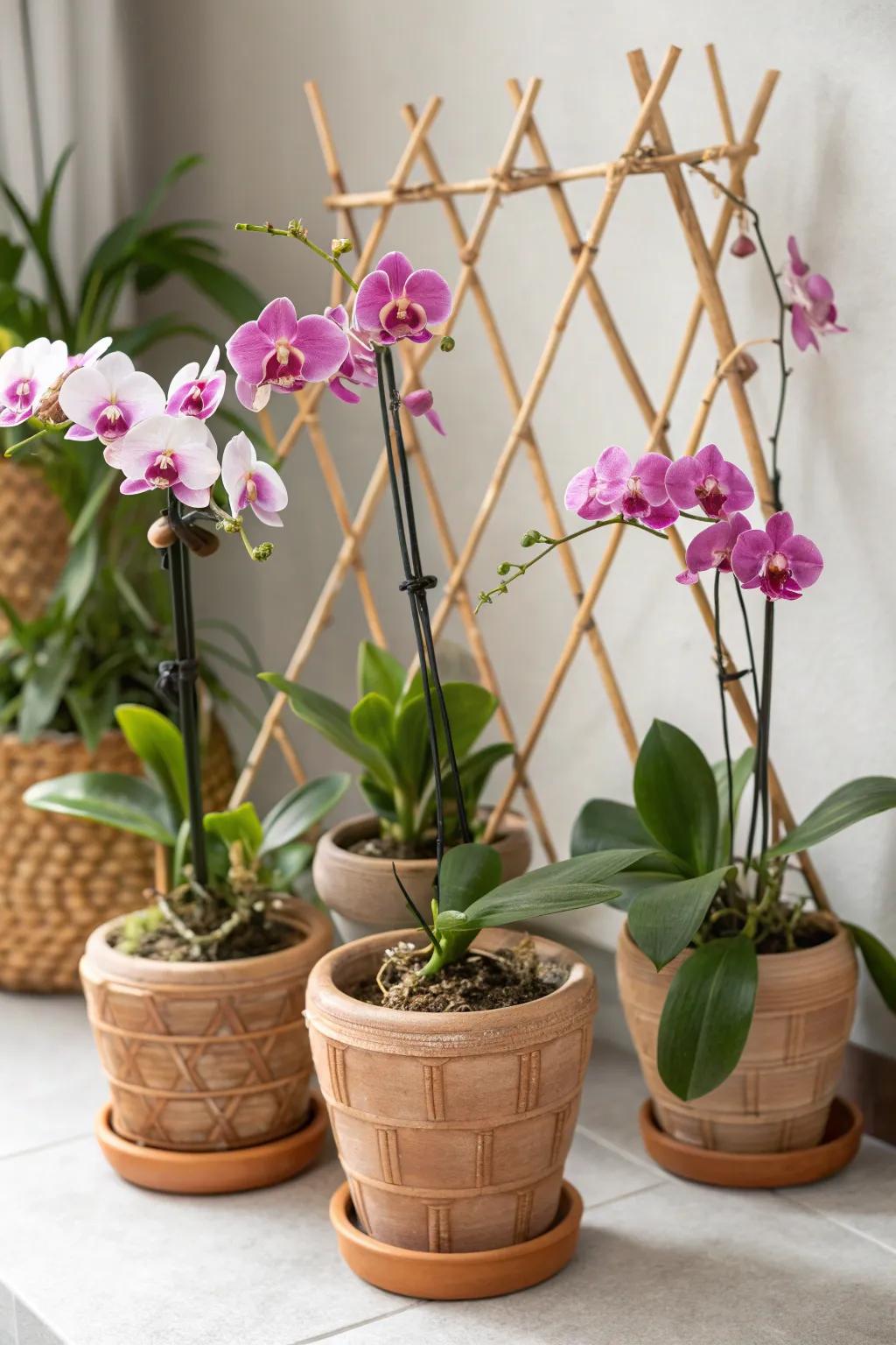 Elevate your orchid display with a stunning pot cluster trellis that combines natural beauty and minimalist design.