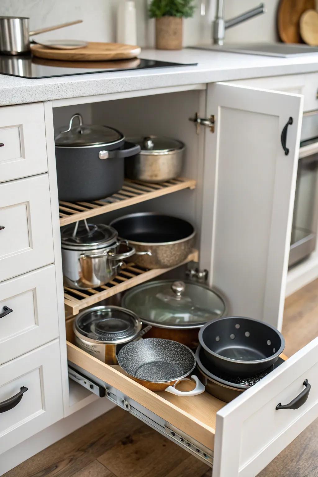 Cabinet with dividers keeping pots and pans orderly.