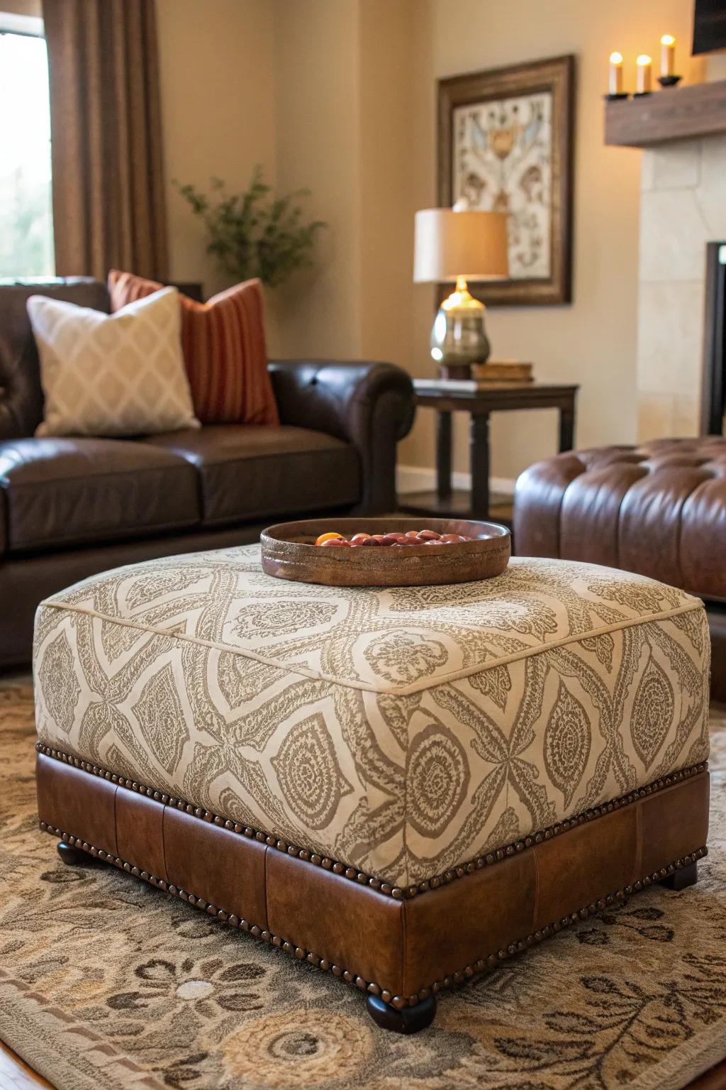 Layering textures with a fabric ottoman and leather accents.