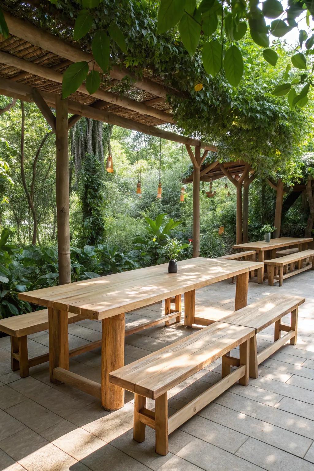 Embrace the elegance of nature with minimalist wooden seating for your outdoor classroom.