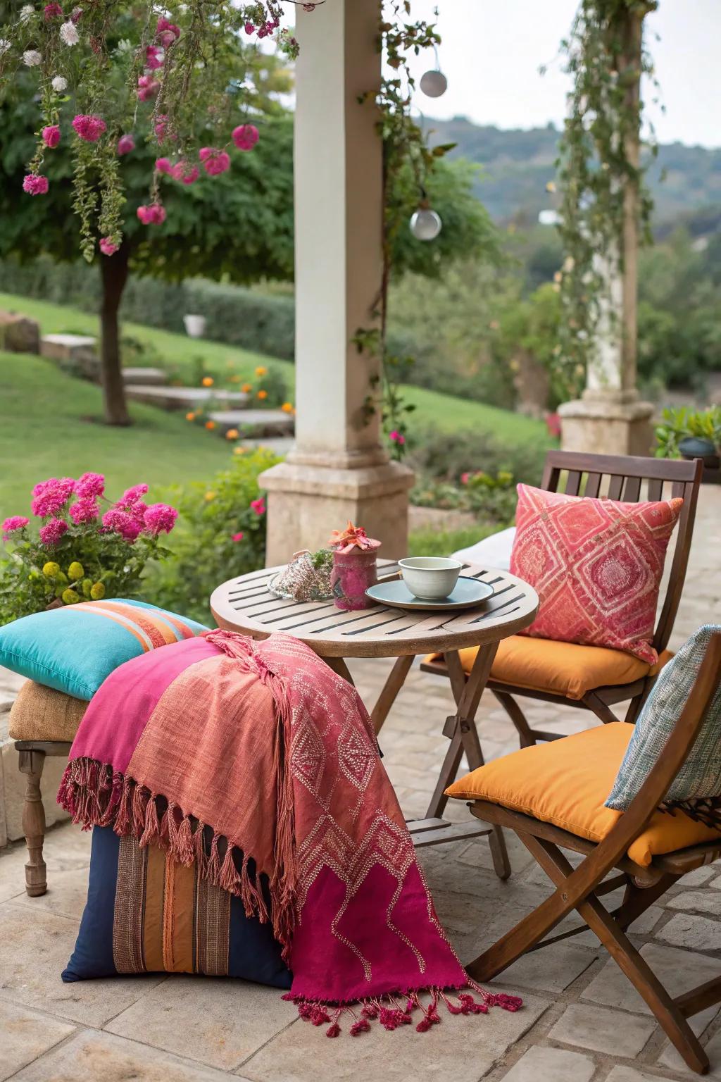 Introduce fabrics to add warmth and personality to your garden seating.