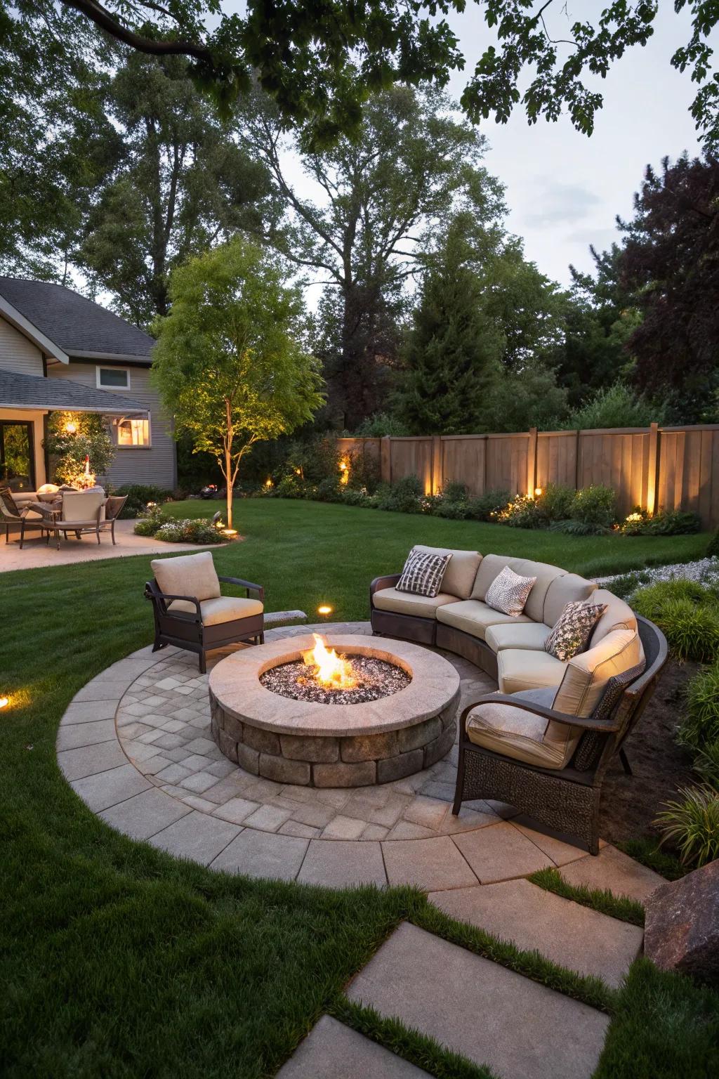 Design a welcoming space using a fire area and plush seating.