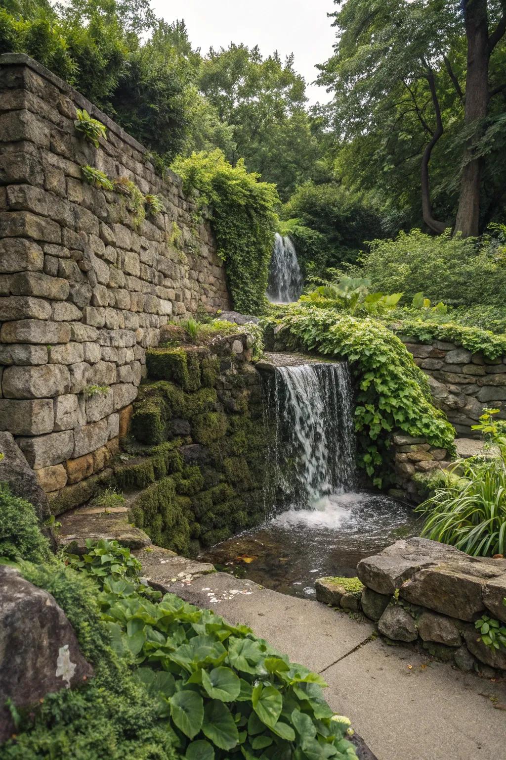 A cascading stone wall brings a serene mood to any outdoor location.
