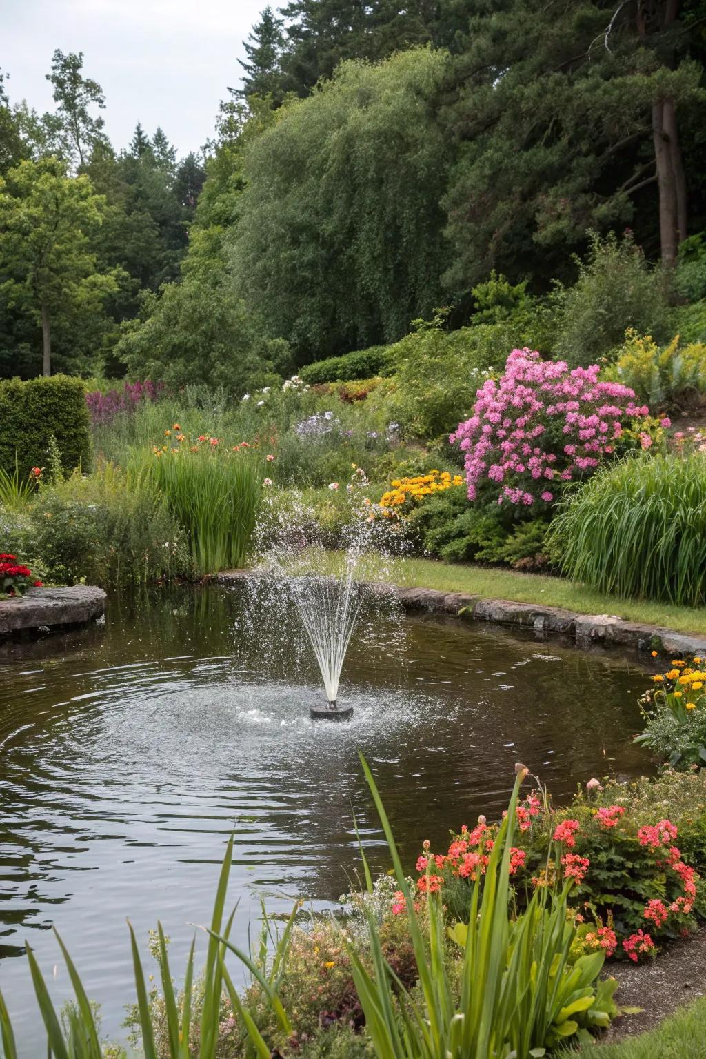 A small pond with a spring, encircled by colorful flora.