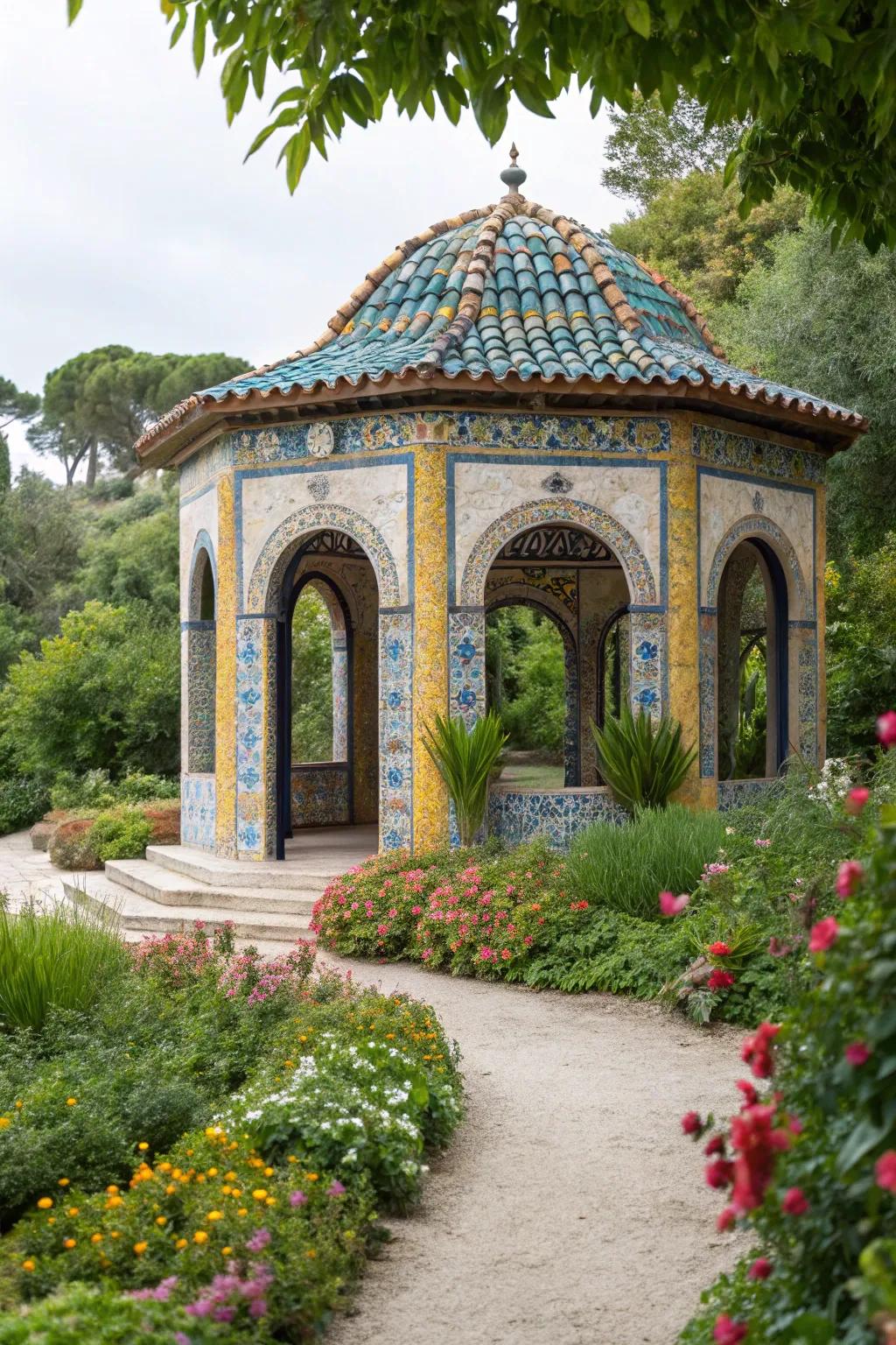 Mediterranean elegance in a colorful, arched gazebo perfect for grilling.