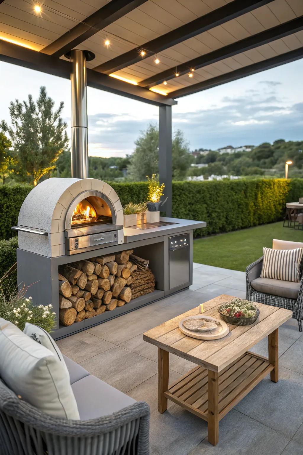Savor diverse cooking methods with a cooking area and pizza oven.