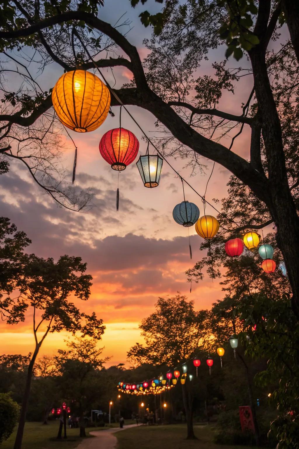 Hanging lanterns infuse a park setting with magical illumination.