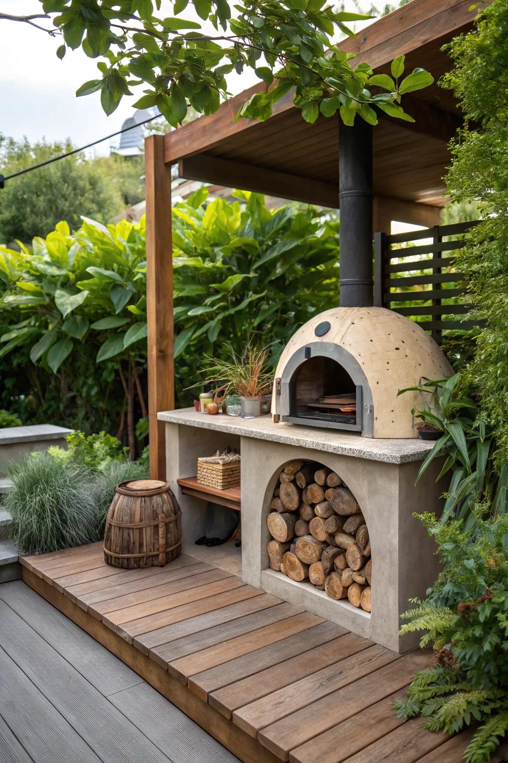 An efficient and stylish pizza oven design with built-in firewood storage.