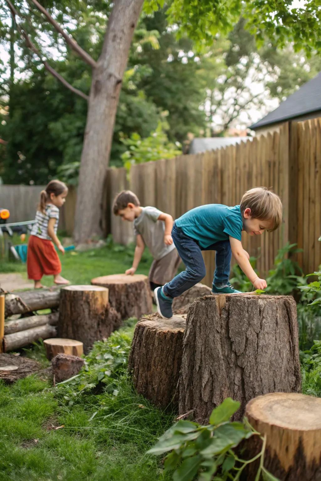 Encourage natural adventures with logs and stumps.