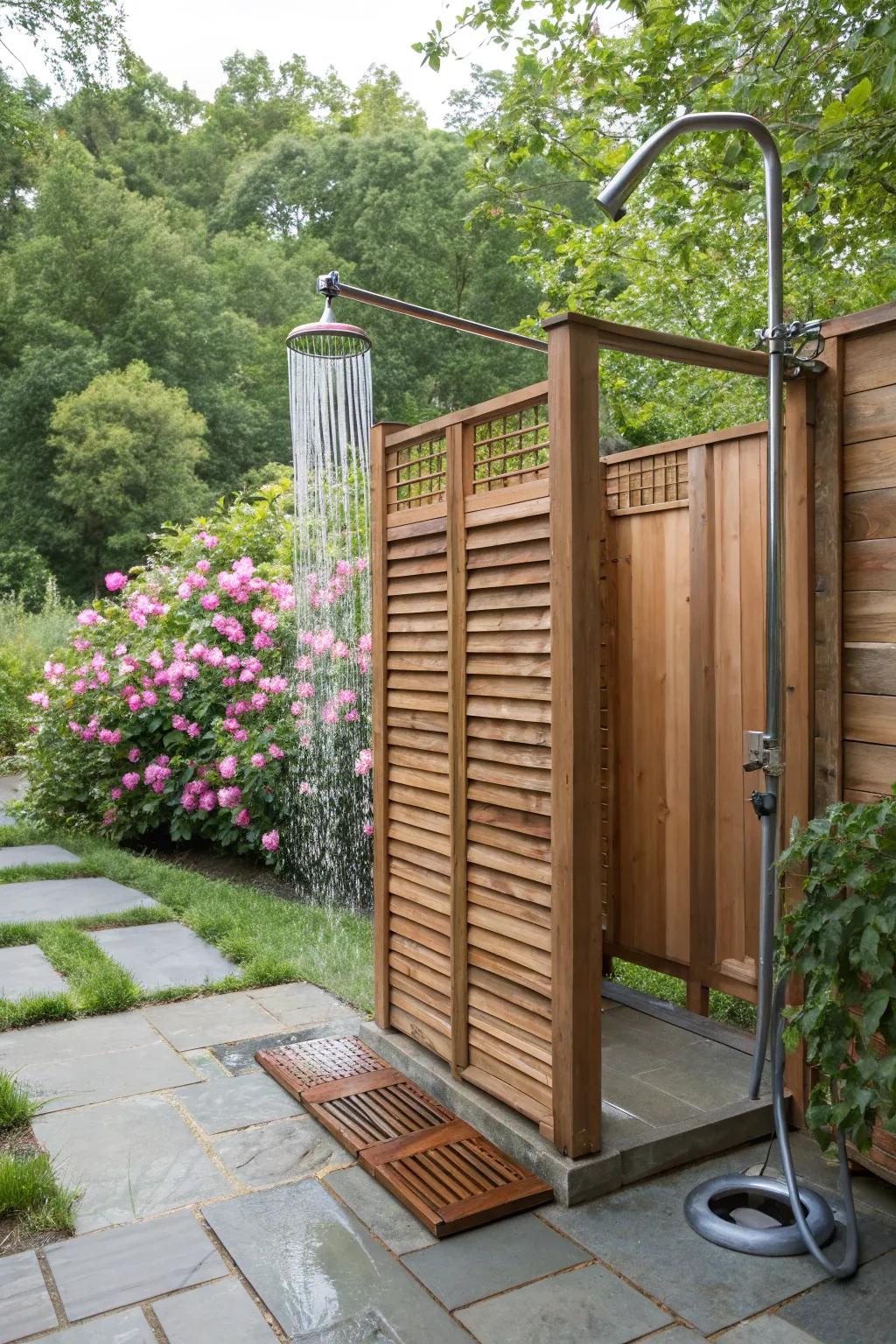 An outdoor shower enclosed by elegant wooden screens.