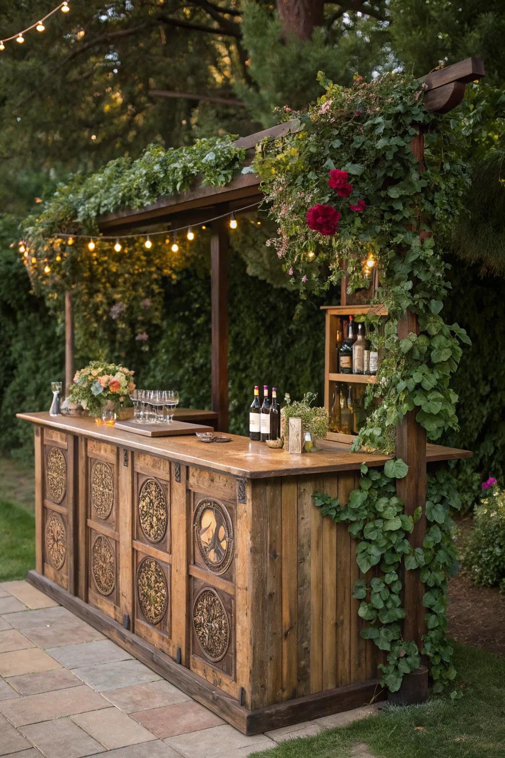 Discover the perfect blend of nature and craftsmanship with this garden bar oasis.