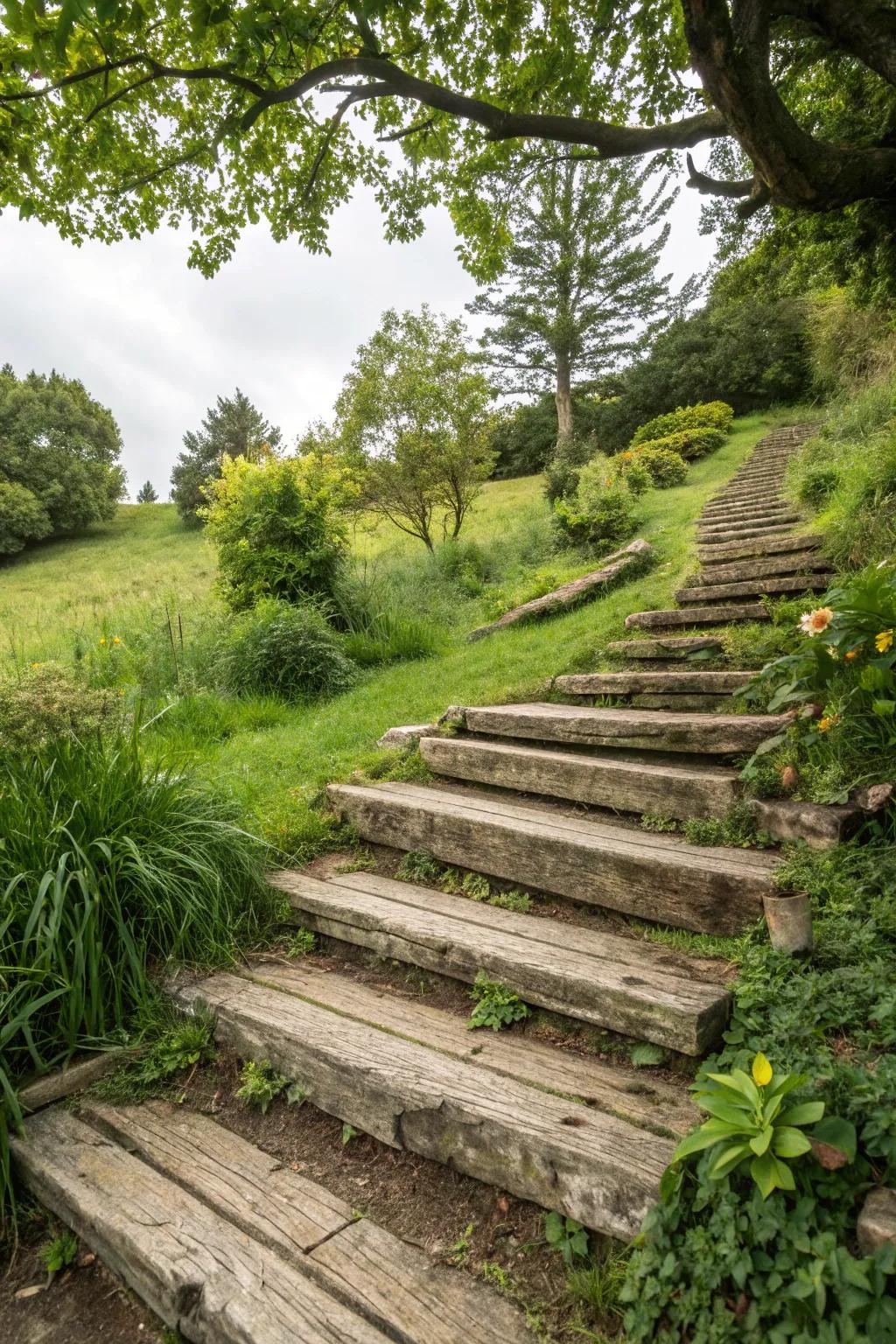 Timber steps add rustic charm, blending beautifully with natural surroundings.