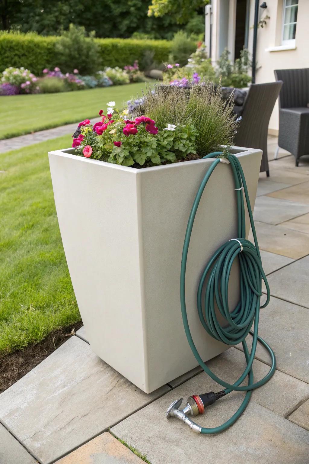 A clever planter that doubles as hose storage.