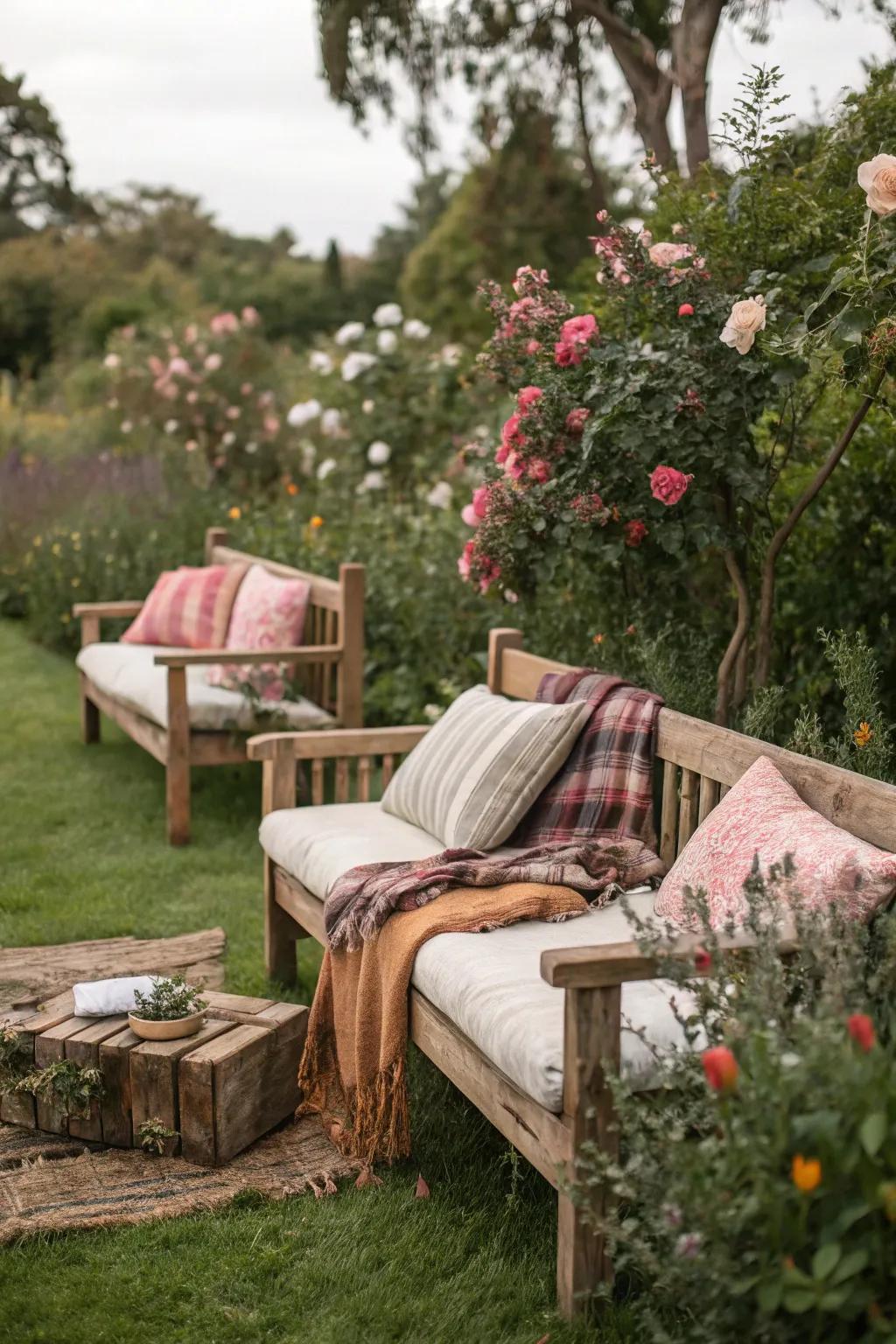 Earthy seating enhanced with cushions and throws introduces both comfort and charm.