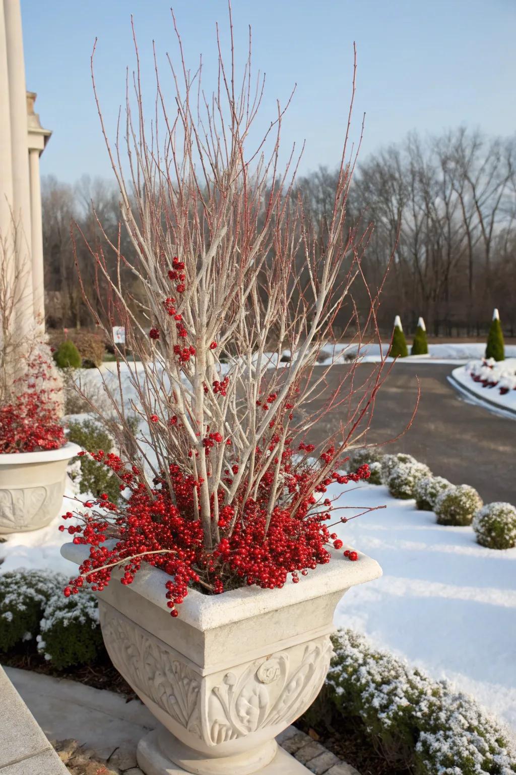 Red berries provide a striking center point in winter pots.