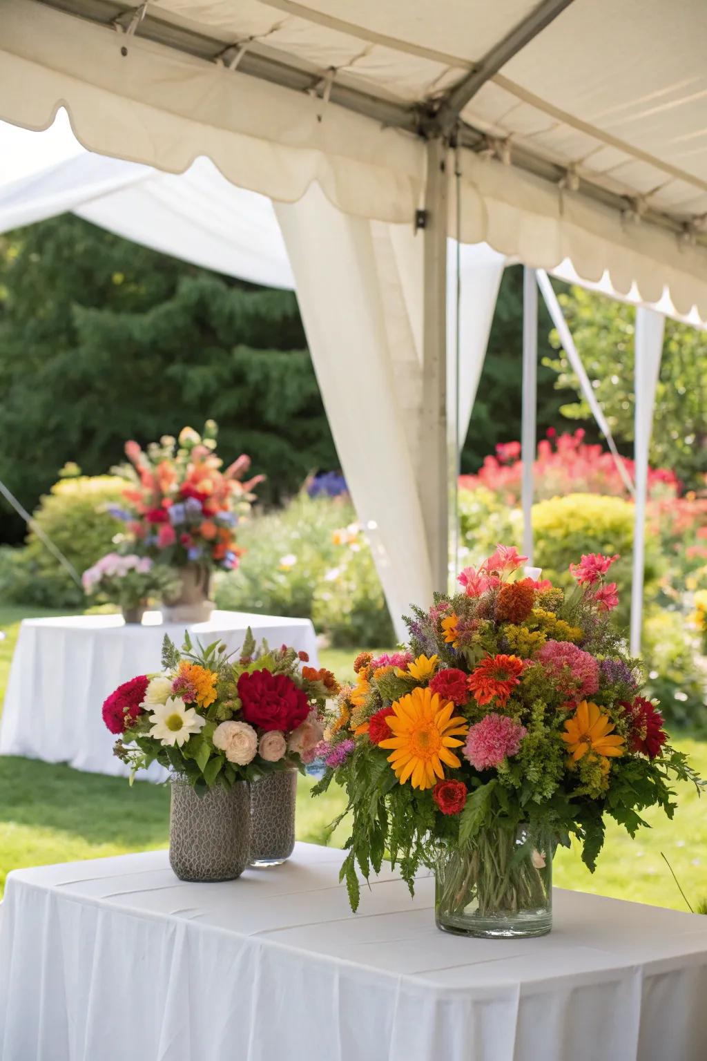 Floral arrangements bring the beauty of nature into the tent.