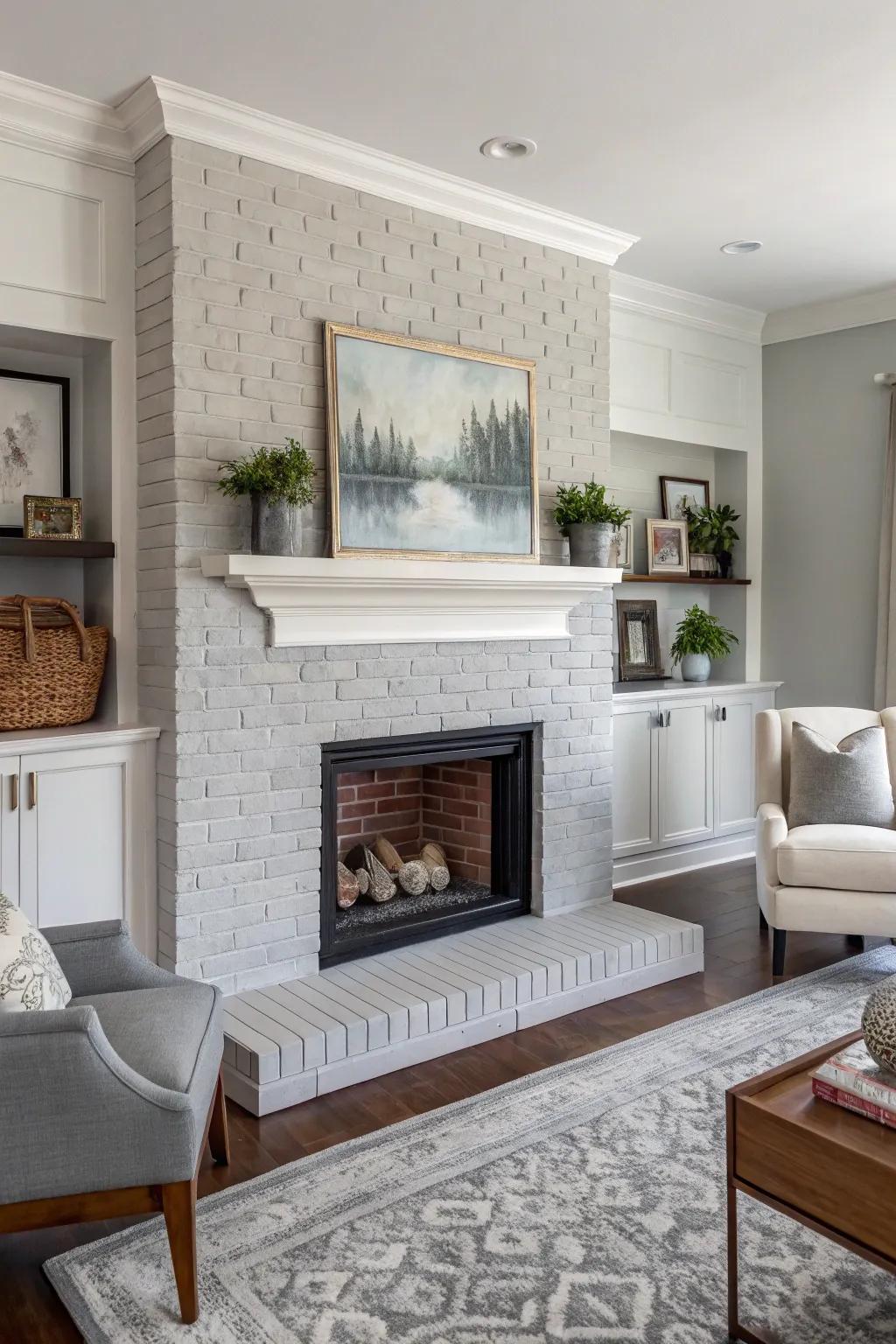 A soft gray-painted fireplace suggesting modern class.