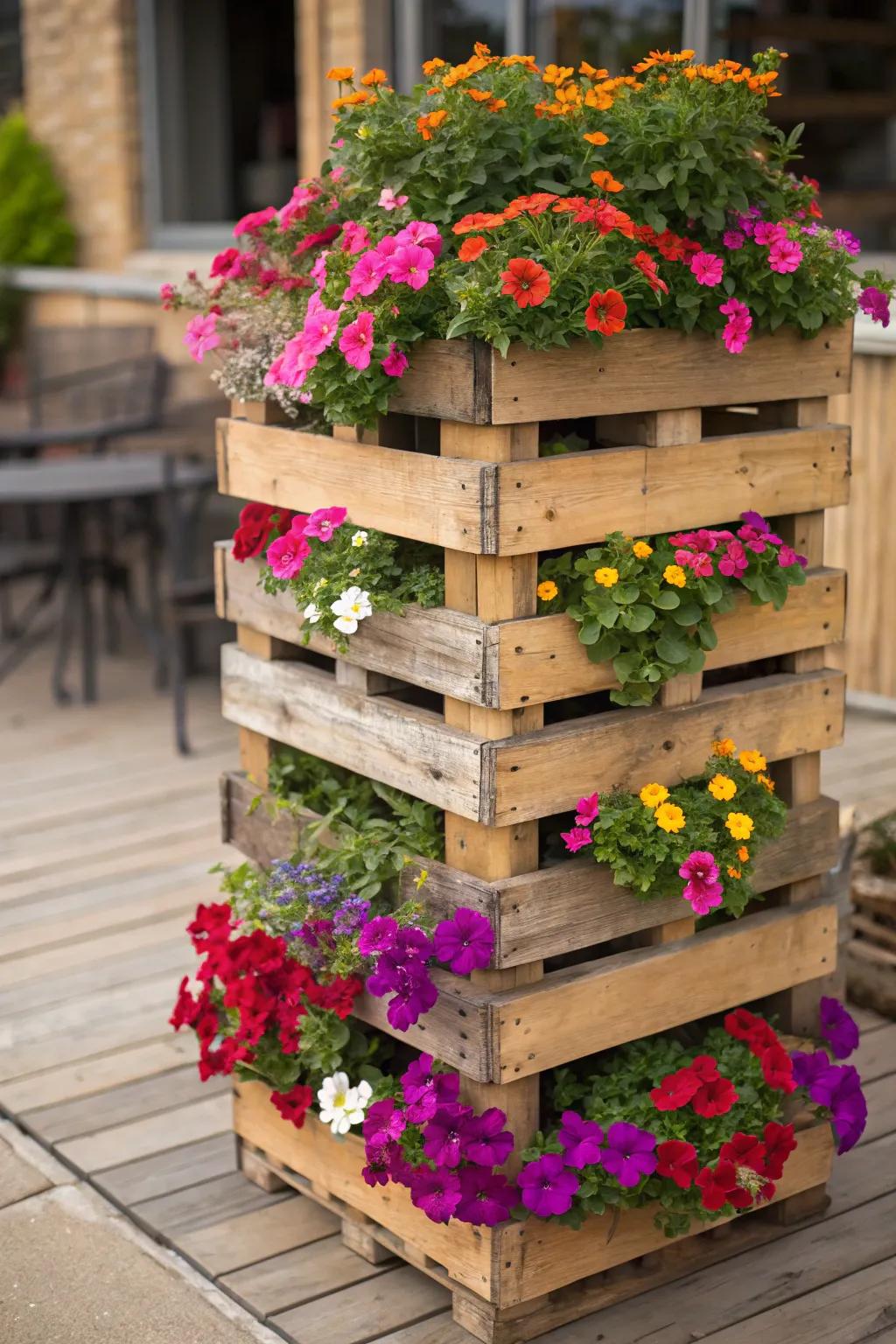 Elevate your garden style with a stunning flower tower made from reclaimed pallets.