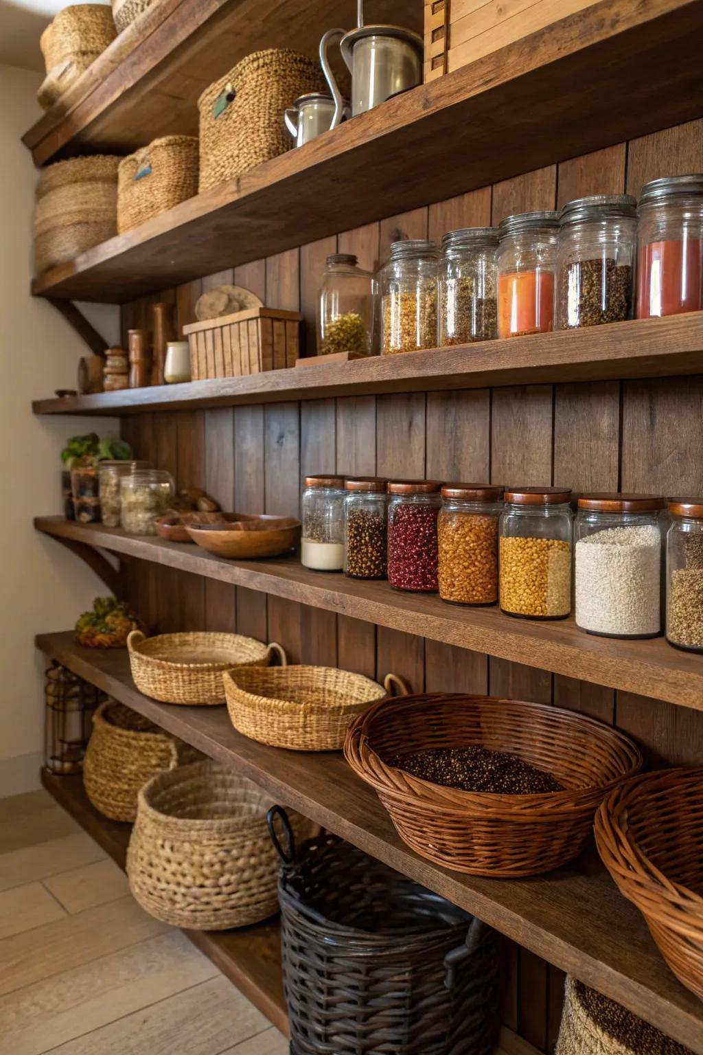 A pantry displaying stained wood shelves to add a touch of rustic appeal.