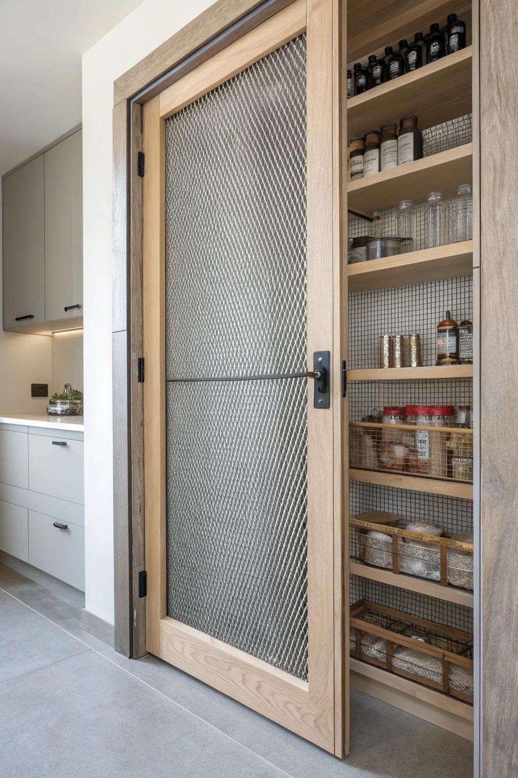 Elevate your pantry with a sleek metal mesh screen door, where modern elegance meets functionality.