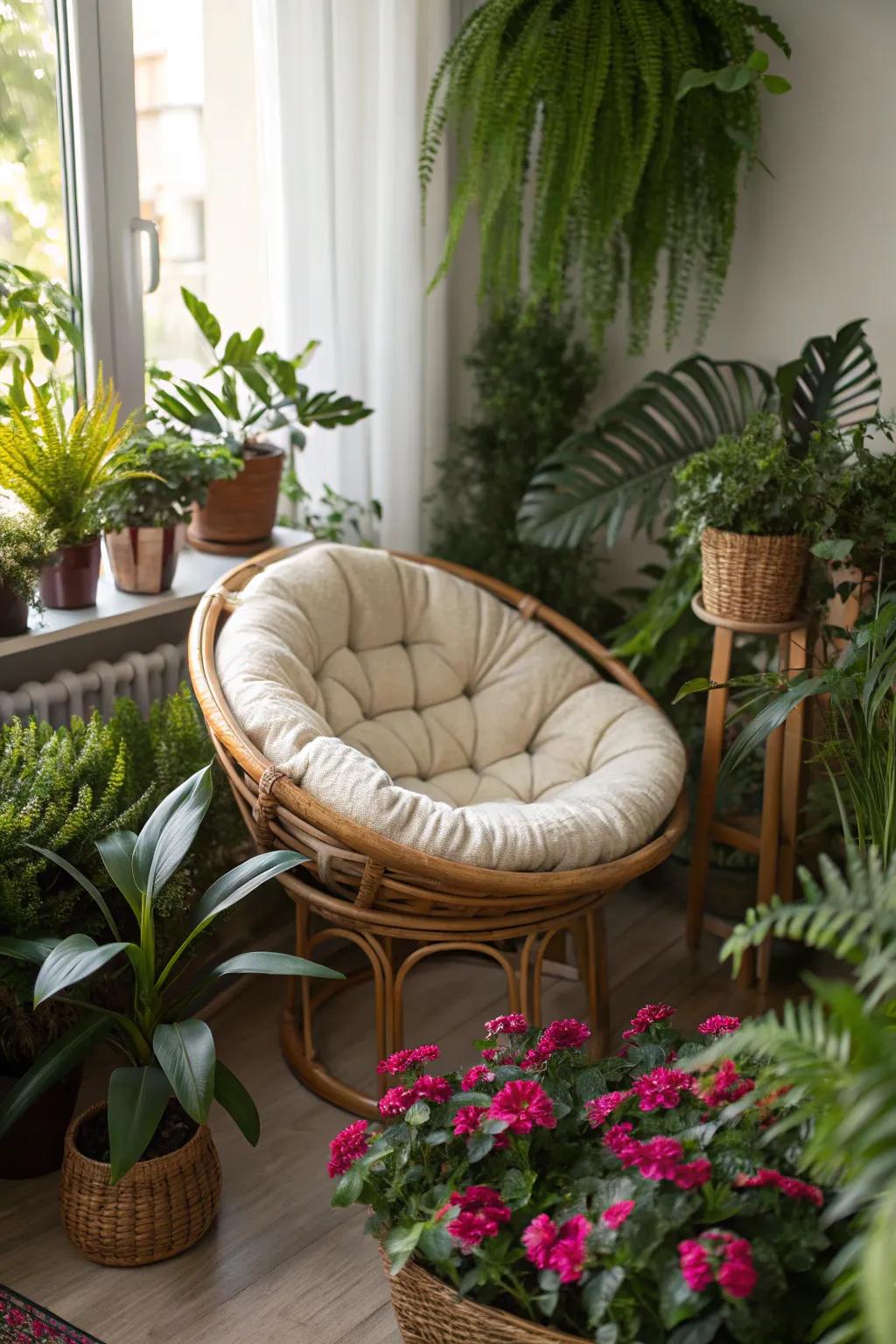 A refreshing green oasis with a papasan chair at the center.