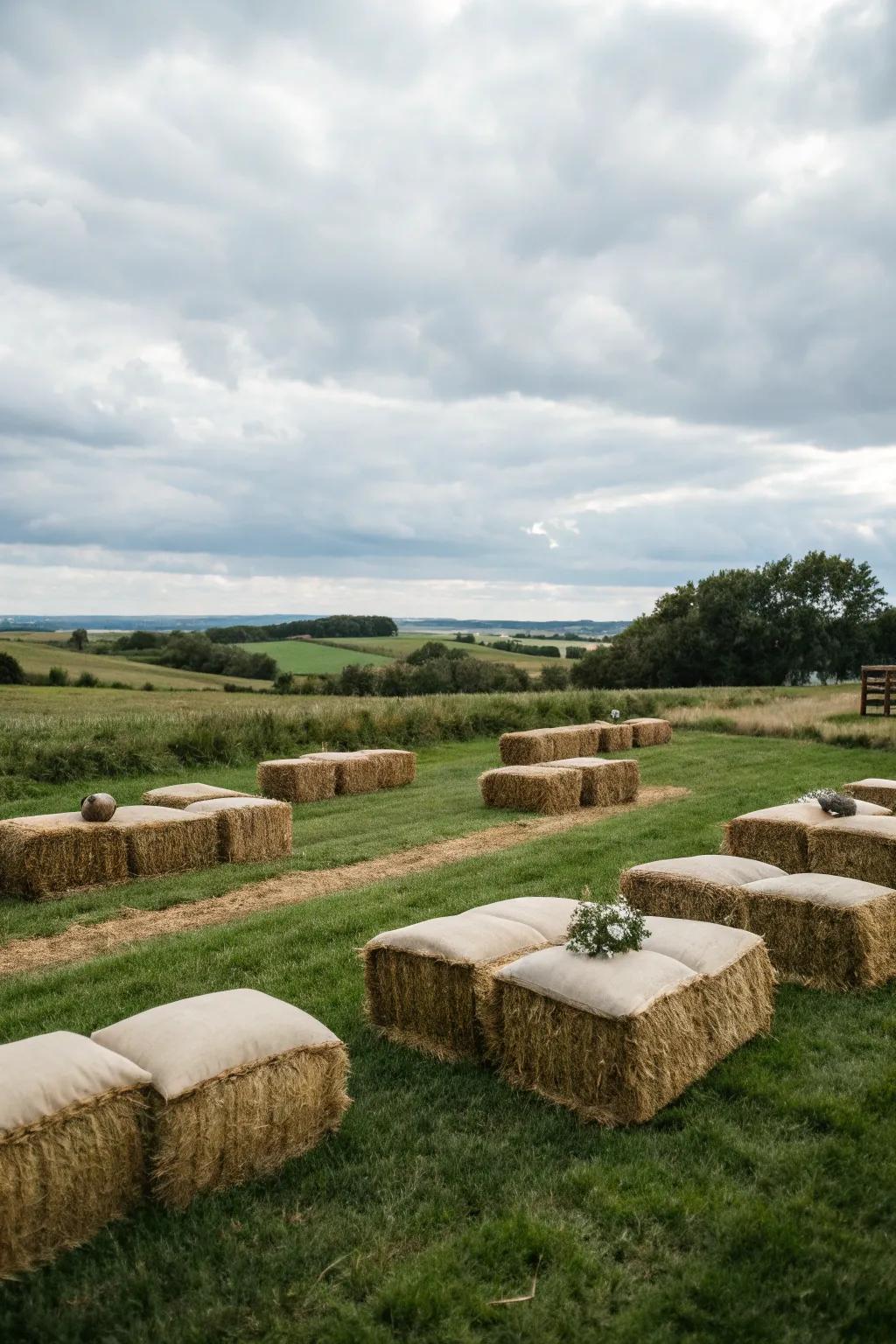 Hay blocks arranged to offer seating options in the pasture.