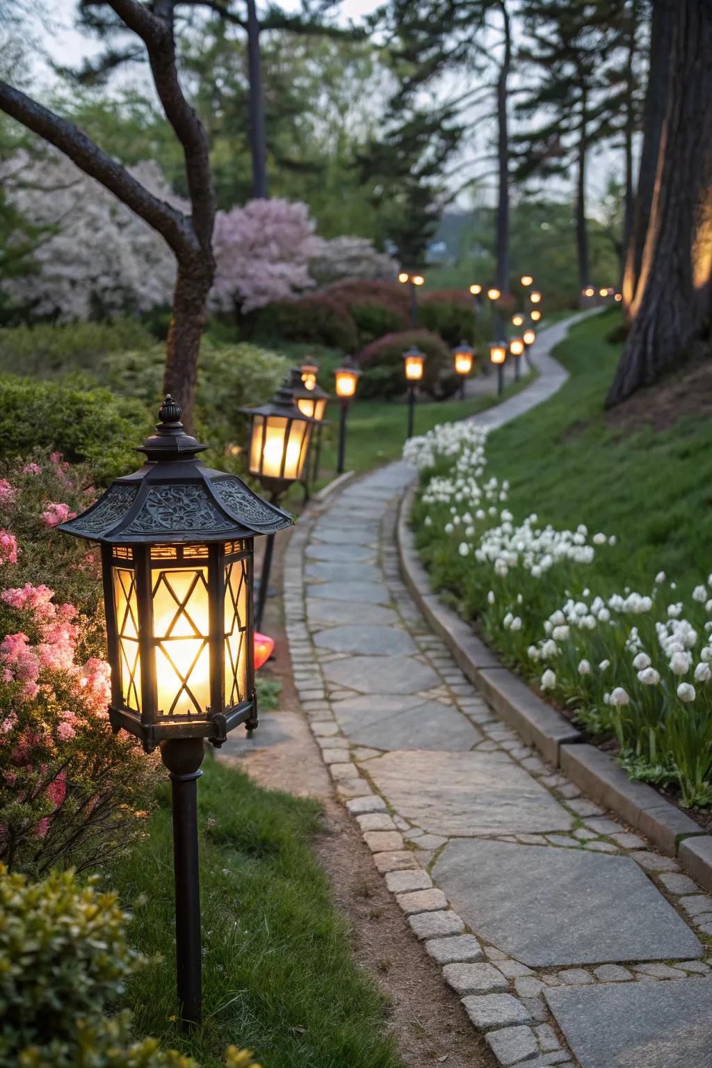 Lantern-style fixtures evoke a classic, inviting ambiance.