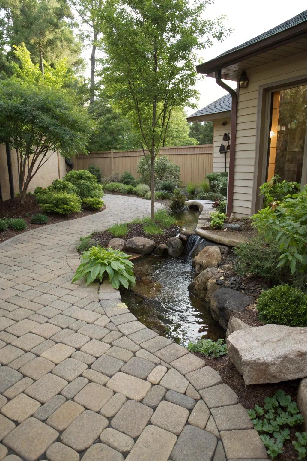 A tranquil water feature integrated into a paver patio, enhancing the relaxing atmosphere.
