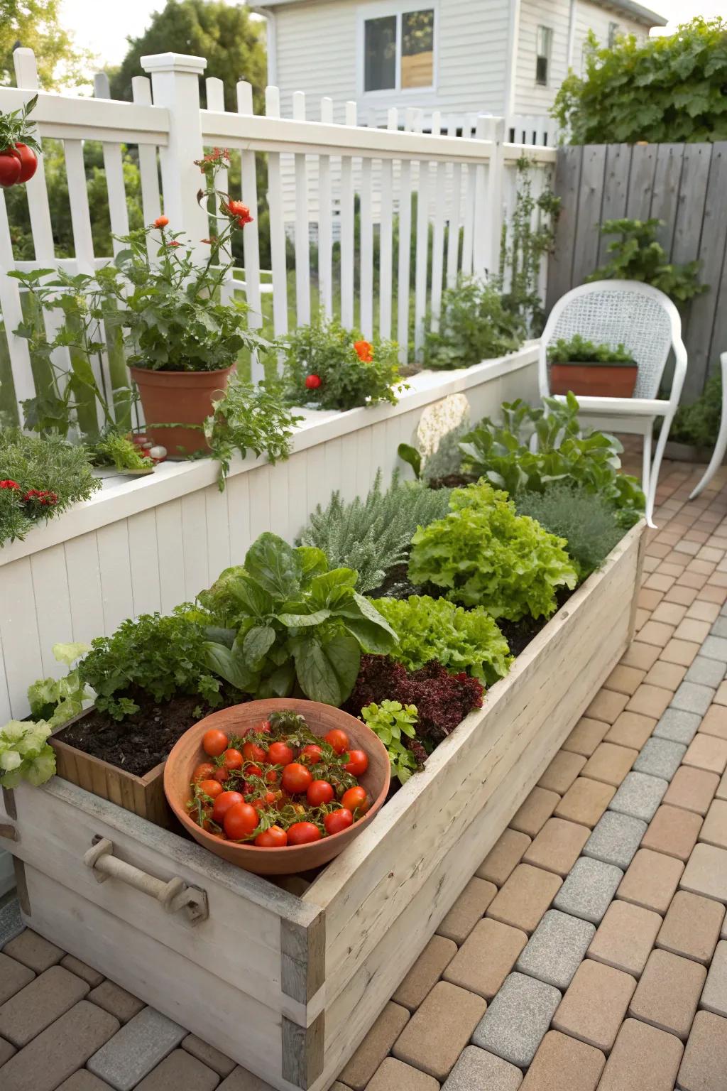 A neatly organized raised bed bursting with vegetables.