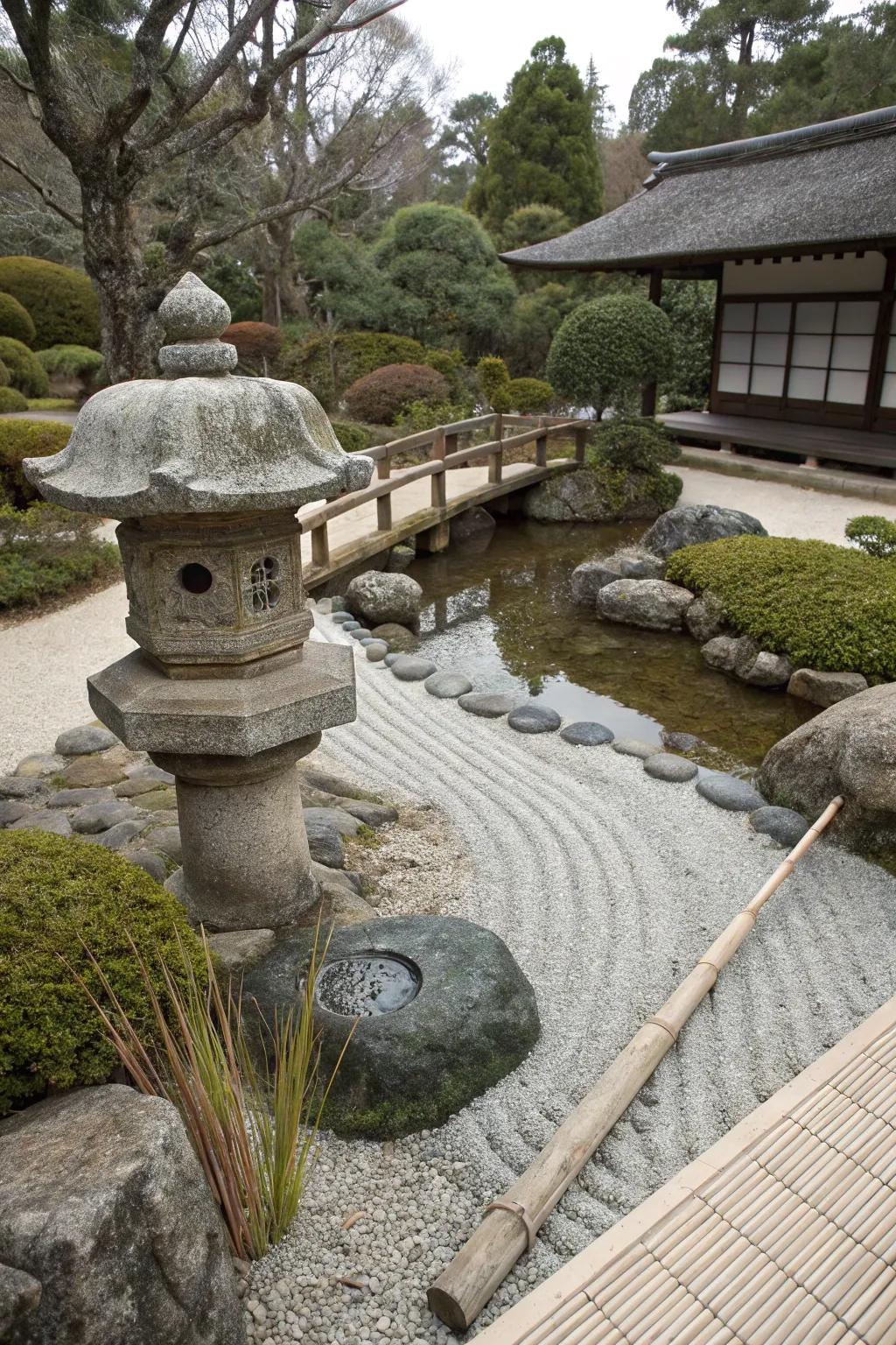 An element from a Japanese Zen garden introduces balance and peace.