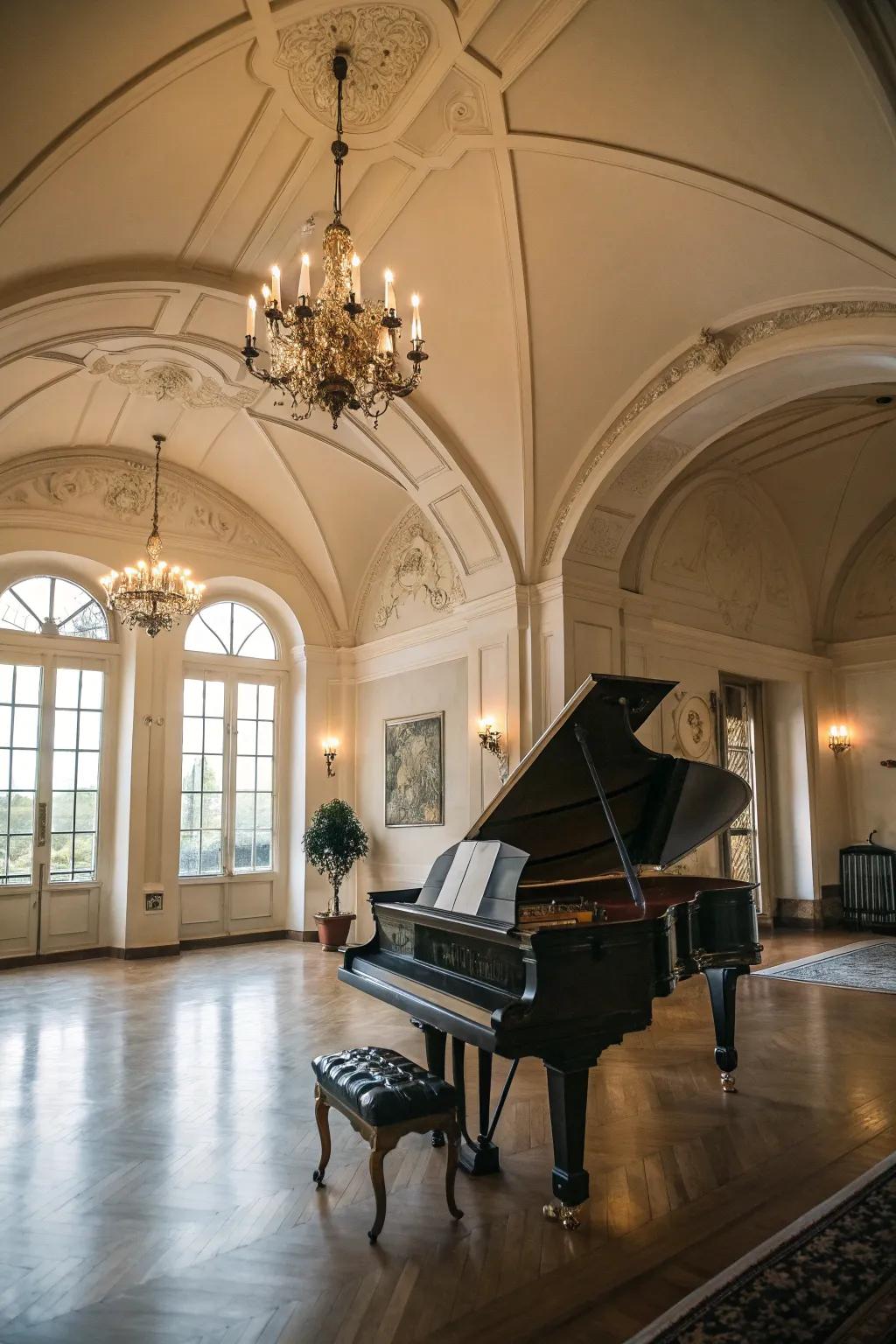 Elevated ceilings bring elegance and acoustic benefits to the piano space.