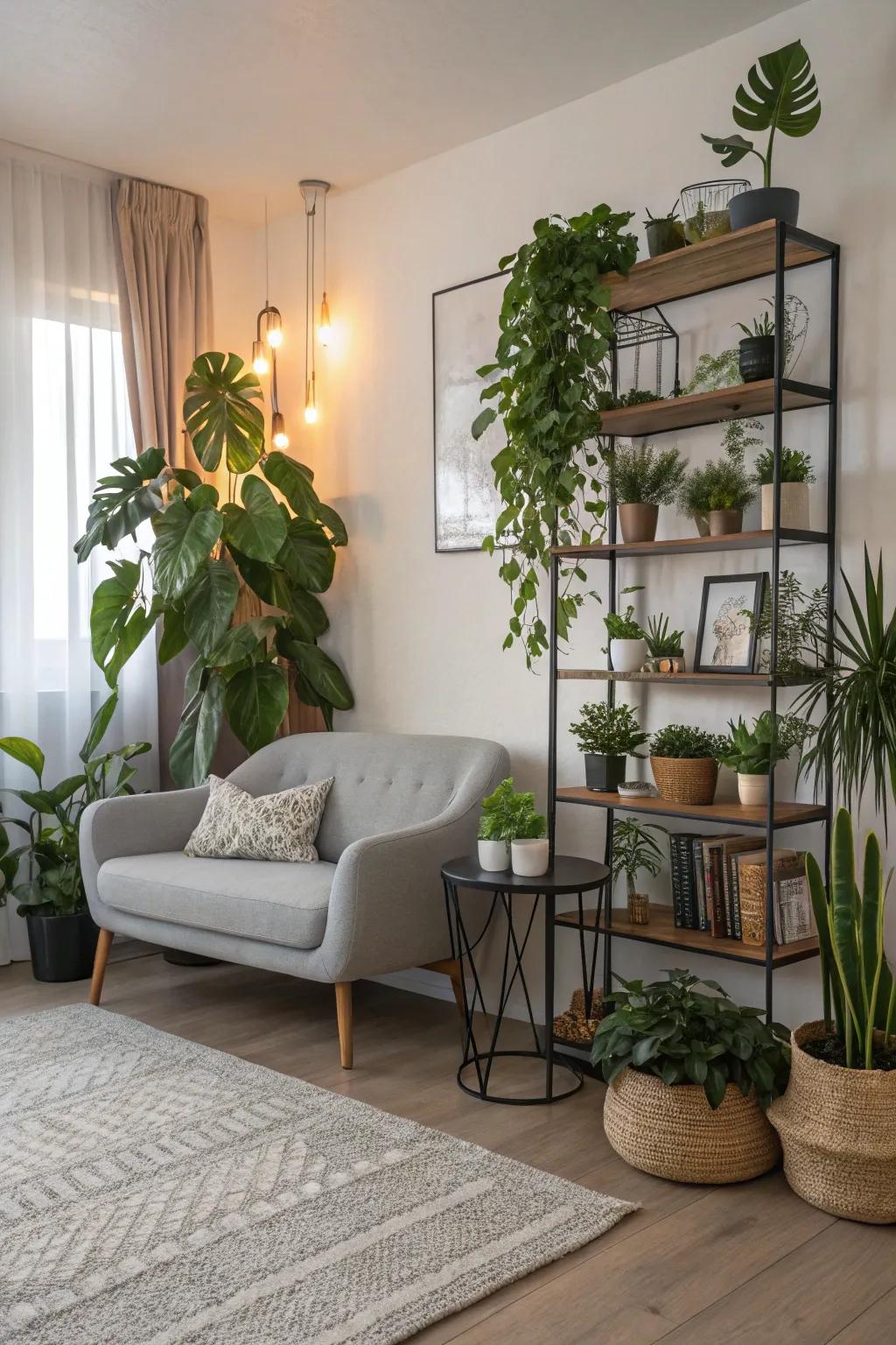 Enhance your living room with sophisticated plant arrangements.