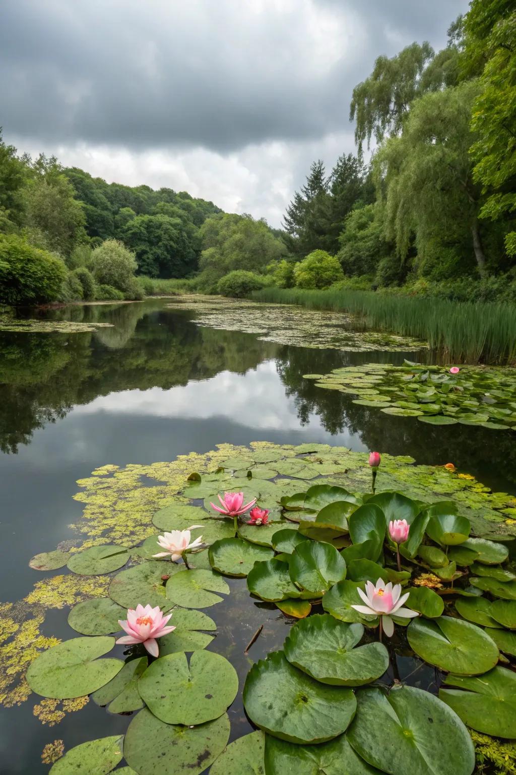 Blooming water lilies adding color and texture to the pond's surface.