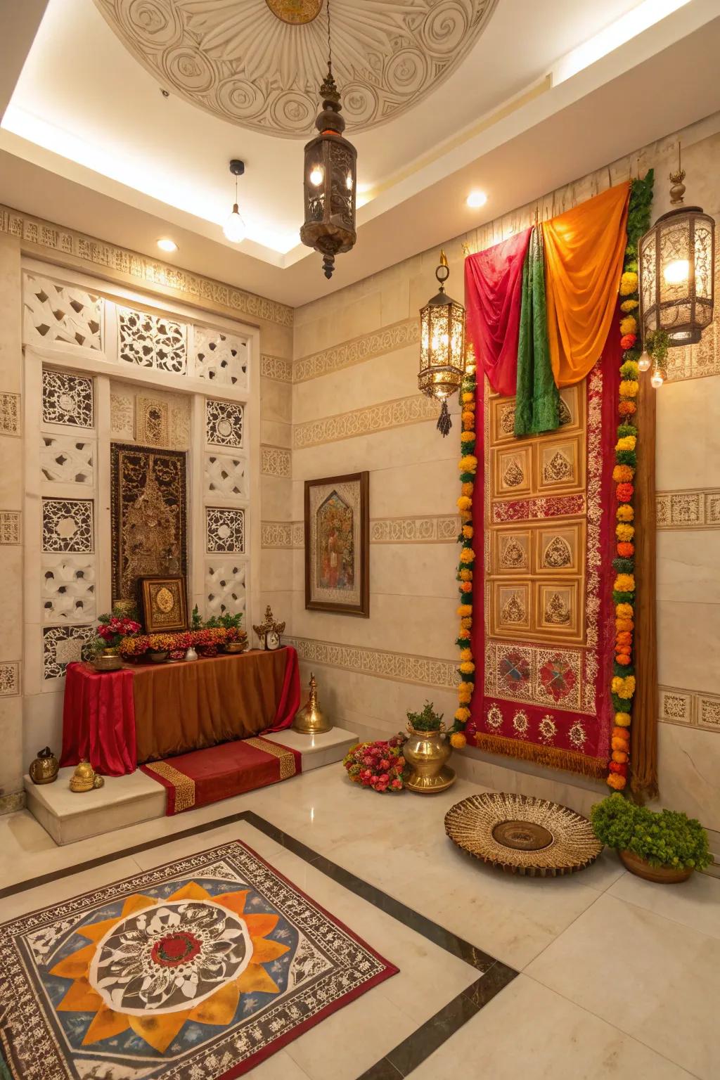 Traditional symbols and hues fill this pooja space with cultural richness.