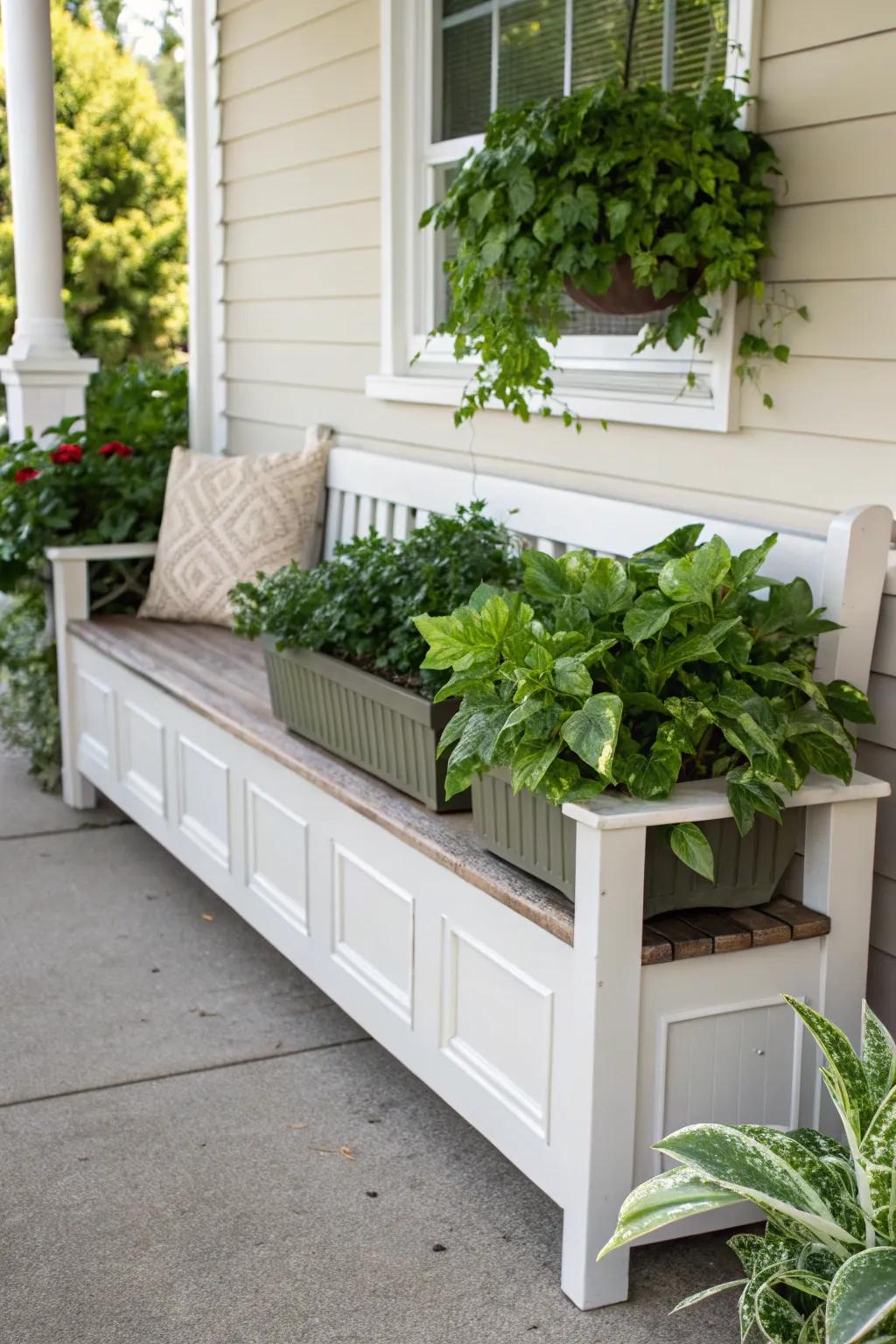A planter bench harmoniously blends seating with greenery.
