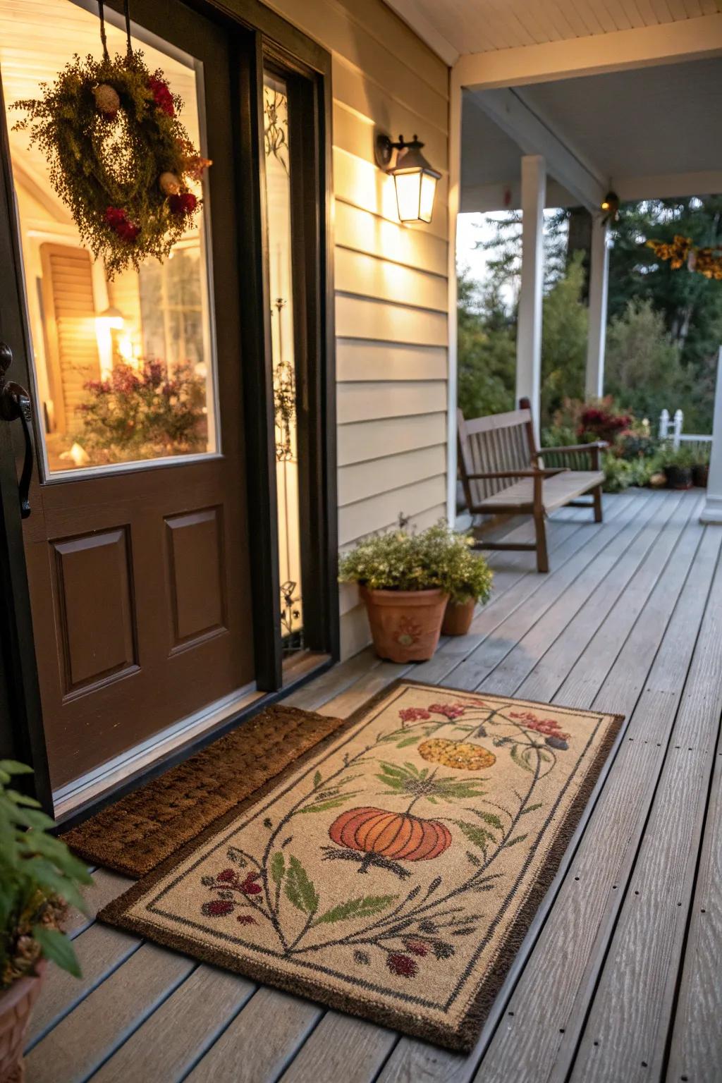 A charming welcome mat adds personality to the porch.